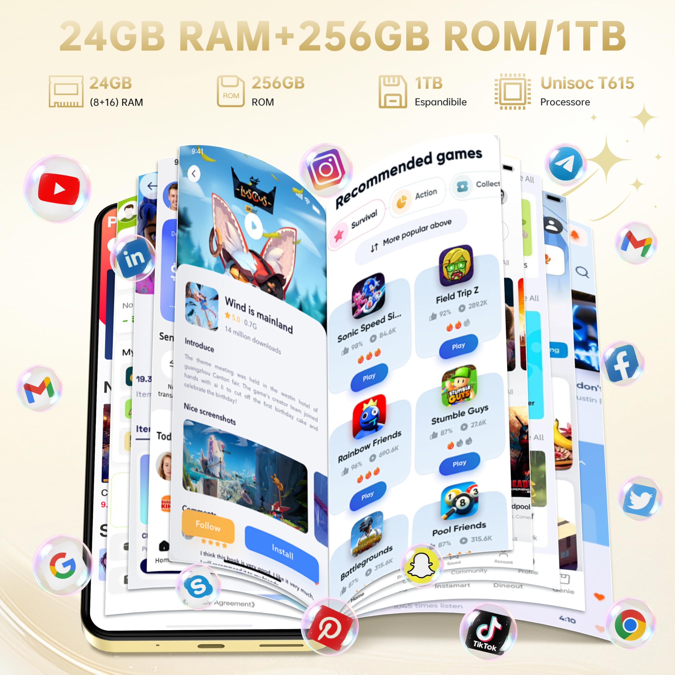 OUKITEL C68 PLUS Smartphone Android - 7.2"HD+ 120Hz Schermo Grande & 1.81" Schermo Posteriore, 24GB RAM+256GB ROM/1TB Telefono Cellulare, 64MP+8MP,6000mAh Cellulari,Dual SIM 4G/Face ID/Fingerprint/NFC