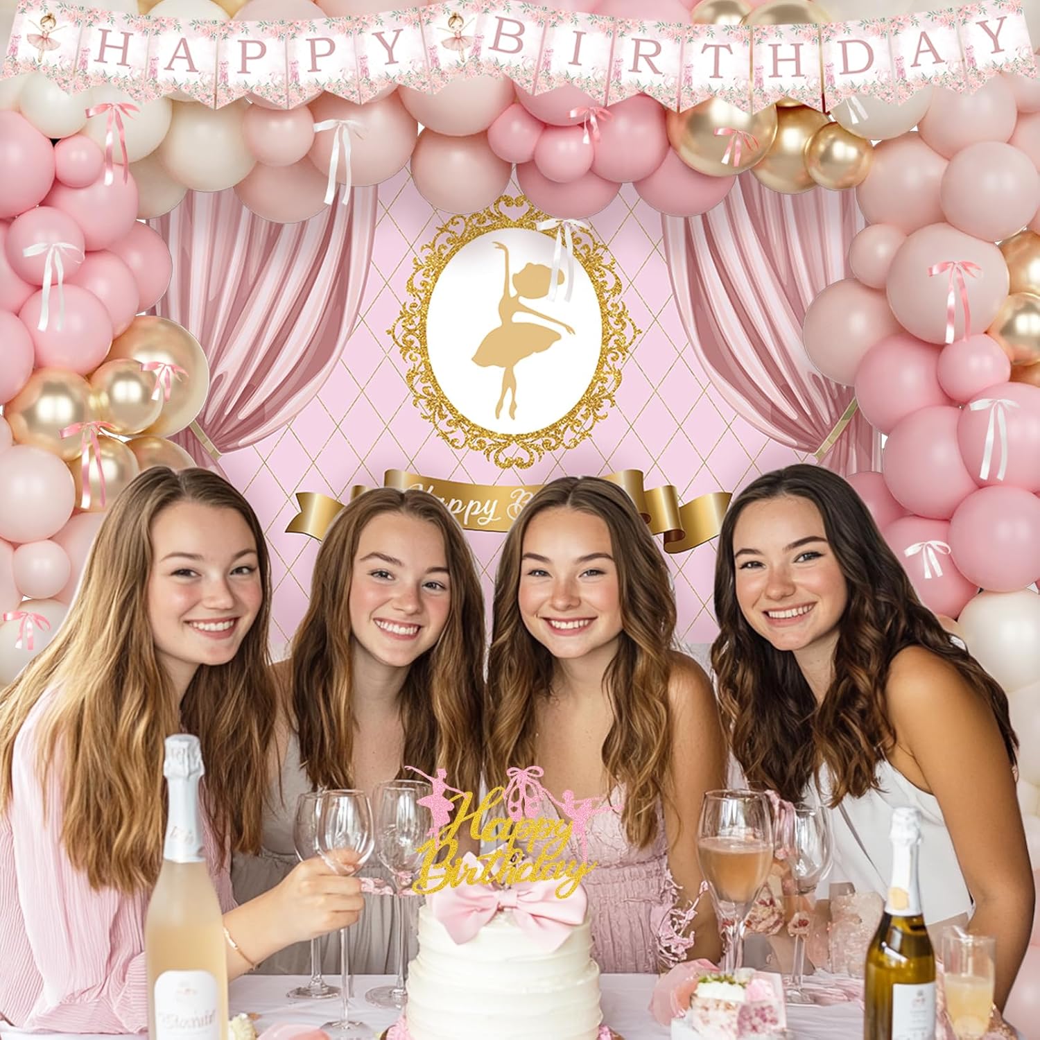 Costova Ballerina Birthday Party Decorations – 107PCs Girls Ballet Birthday Party Supplies with Backdrop, Balloon Garland, Ribbons, Bows, Cake Topper, Cupcake Toppers, Tablecloth