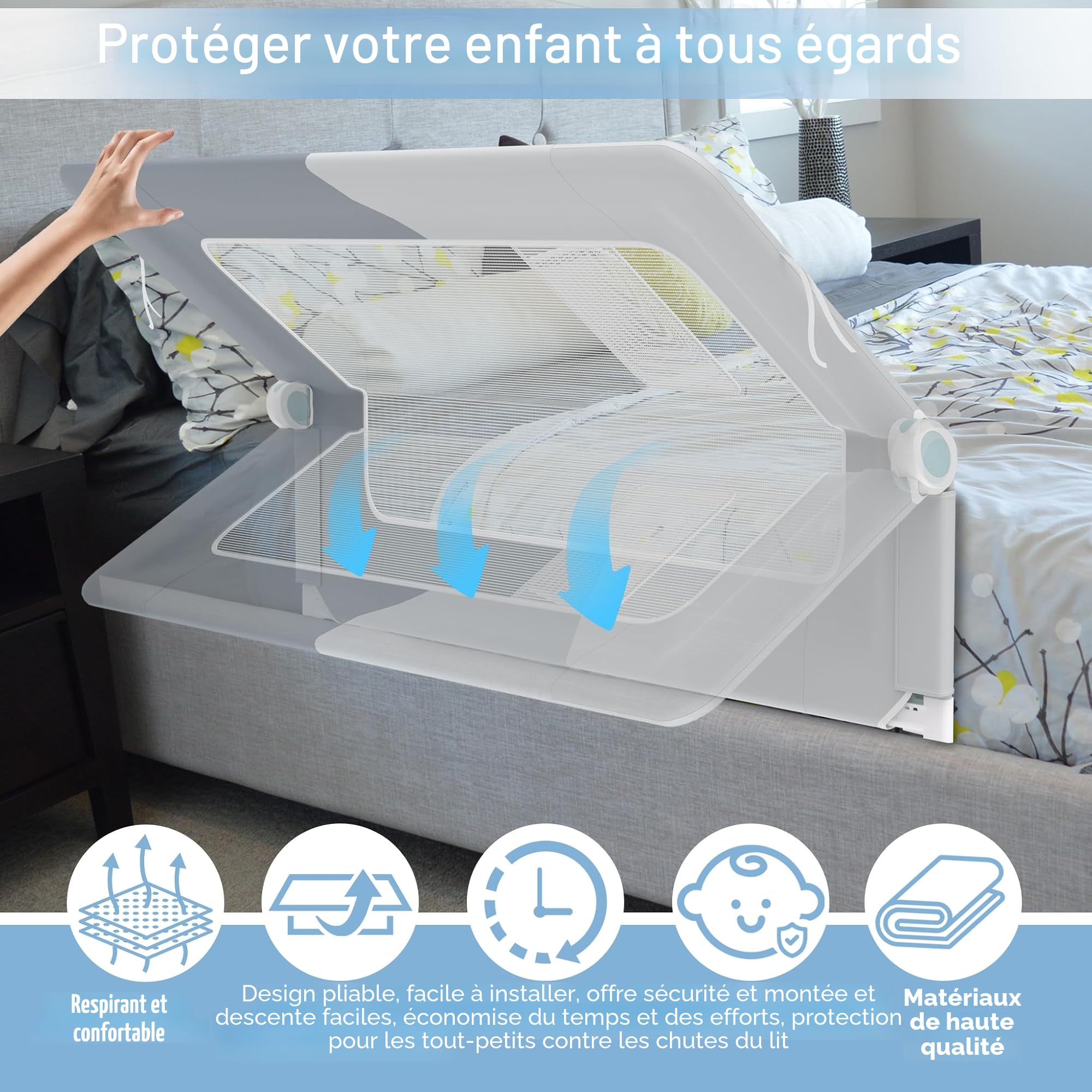 Barrière de lit rabattable protection anti-chute pour enfant 150 cm Gris foncé Gris clair
