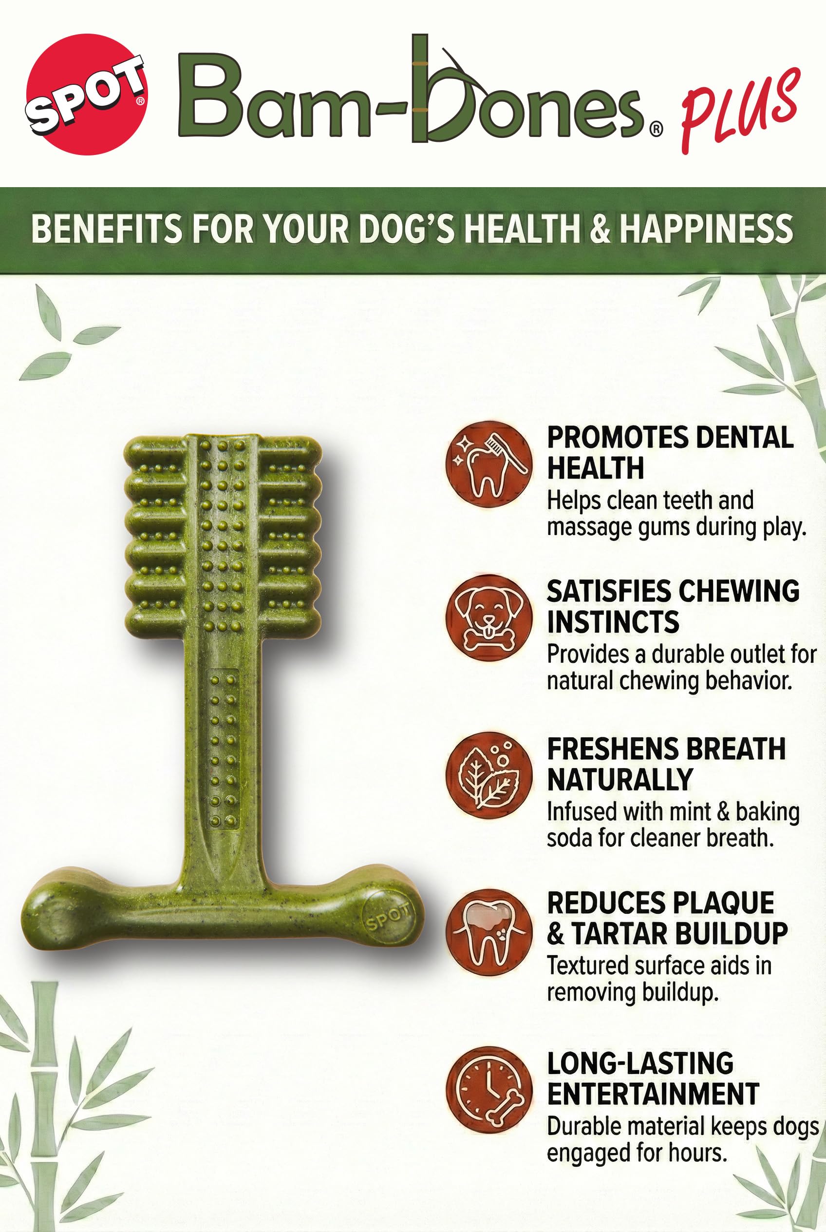 SPOT Bam-Bones Plus - Cepillo de dientes para perros, masticable dental de fibra de bambú duradera y nailon, menta fresca y bicarbonato de sodio para el cuidado dental, forma de hueso en T fácil de