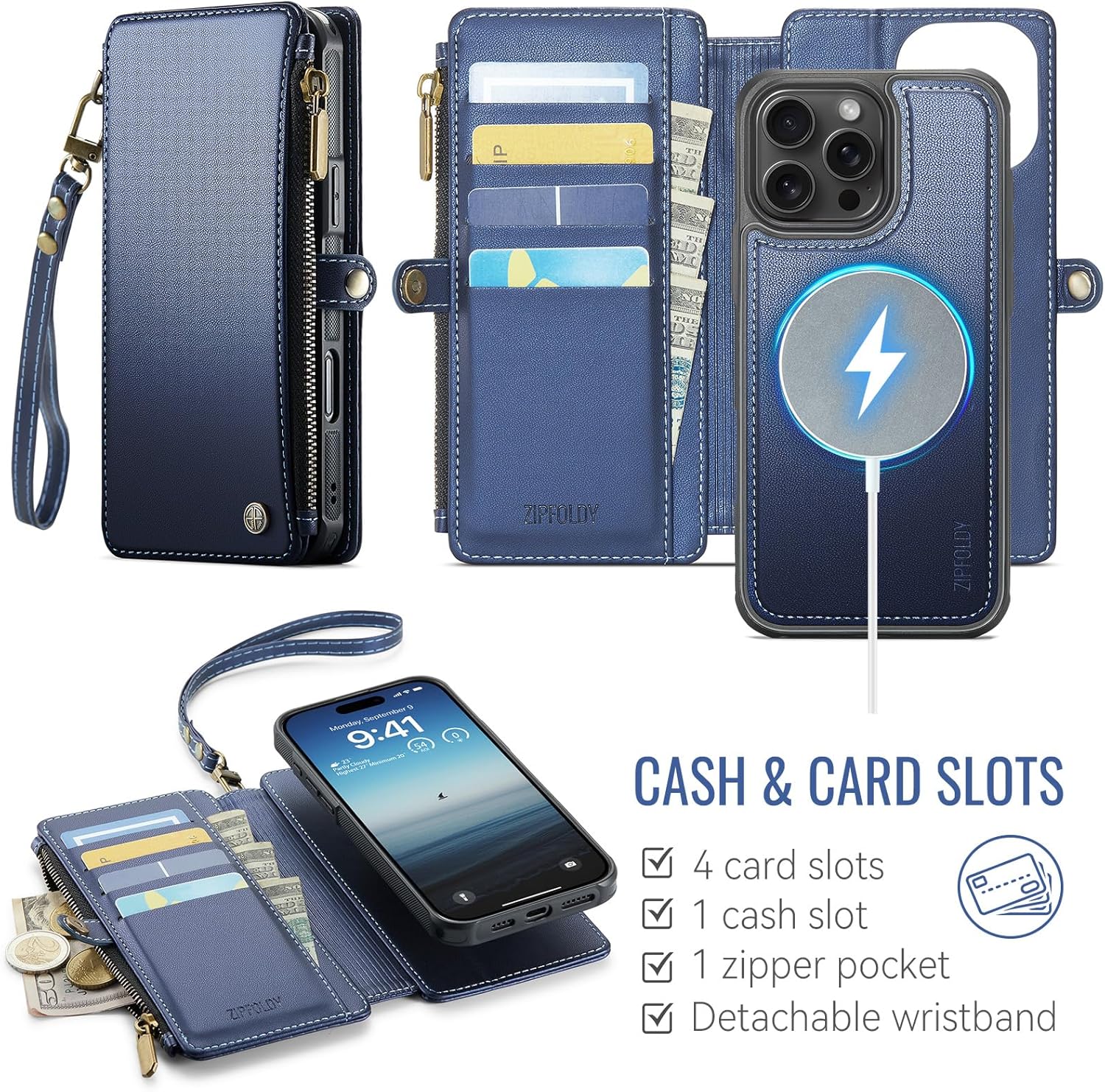 for iPhone 16 Pro Max Wallet Case Magnetic [Compatible with Magsafe] [RFID Blocking Card Holder] [Zipper] [Strap] Detachable Drop-Proof Phone Cases for iPhone 16 Pro Max 6.9", Navy Blue