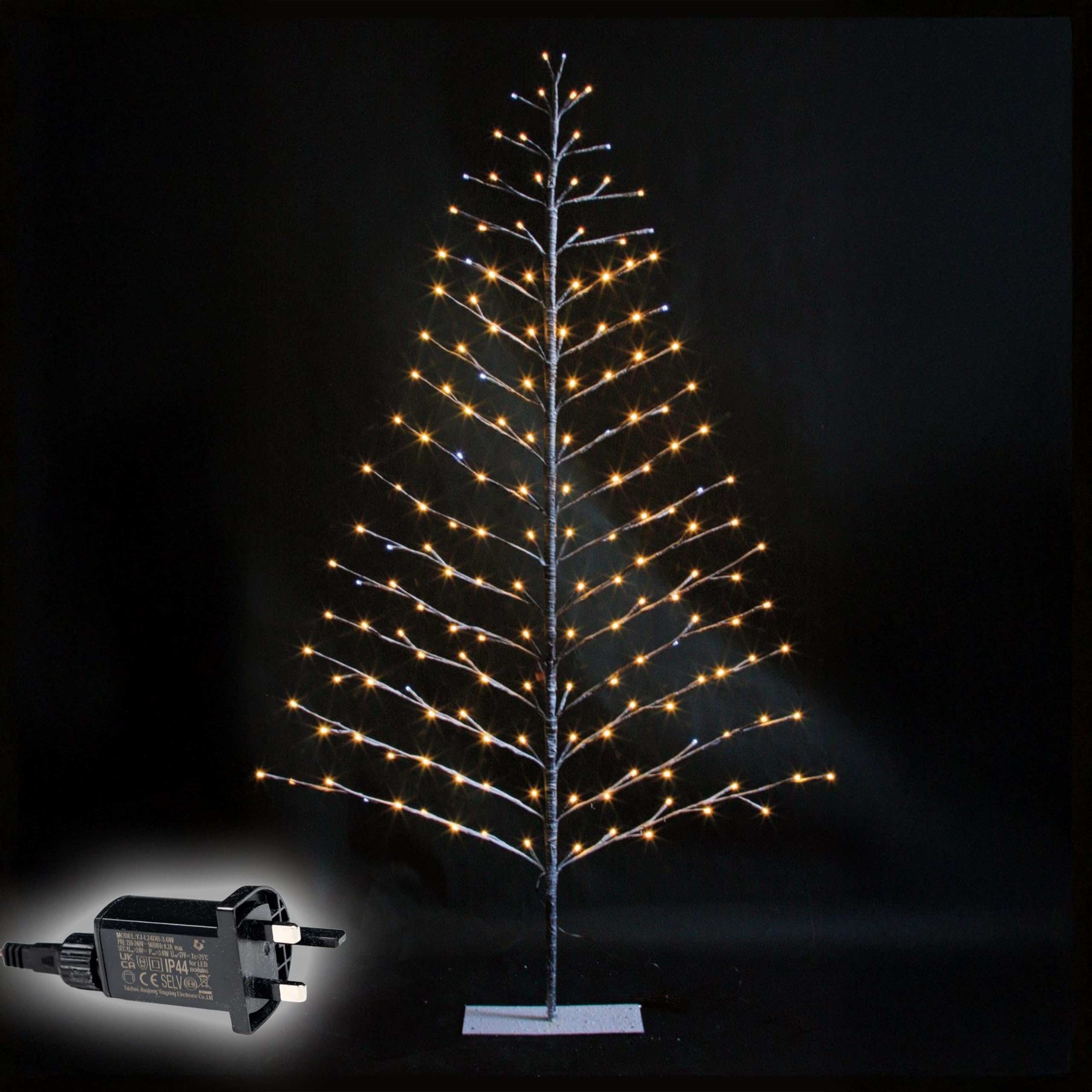 Shatchi 4Ft Pre Lit Snowy Twig Christmas Tree 90 Twinkling Led Lights Metal Frame Indoor Birch Tree Brown