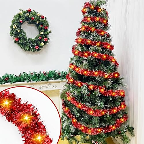 Miniatura 7 de 100 luces LED TURNMEON - Guirnalda de oropel de Navidad roja de 33 pies de largo, guirnalda de oropel para el día de San Valentín, guirnalda