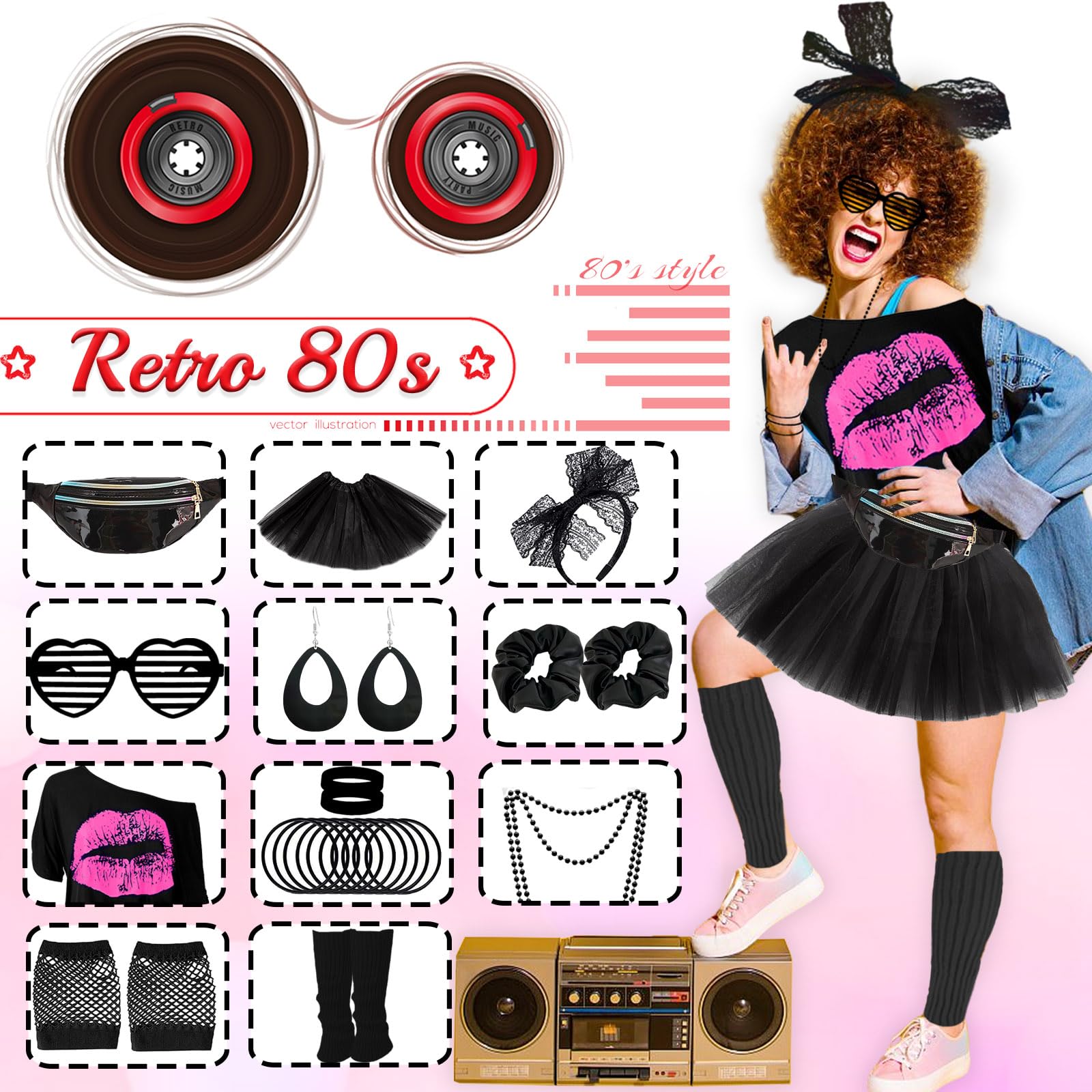 80s Costume Outfits Accessories Set for Girls, 1980s Fancy Dress Party Kits with T-shirt Tutu Bumbag Headband Earring Necklace Fishnet Gloves Leg Warmers Glasses Bracelet Scrunchies for Women Dress up - Image 4