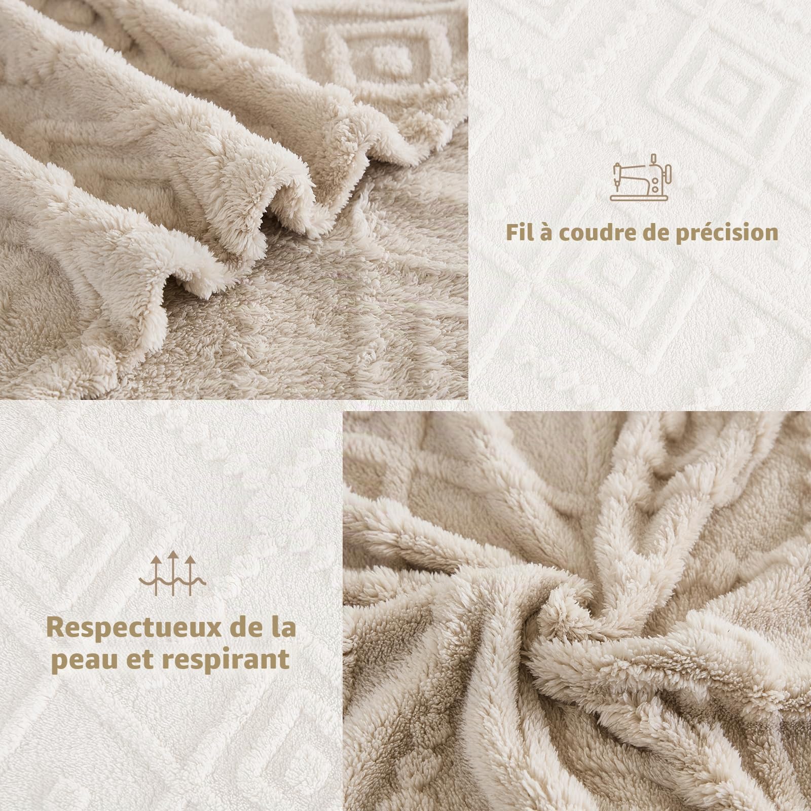 WONGS BEDDING Couverture douillette 220 x 240 cm, beige, couverture polaire chaude et douce, pour lit, canapé, bureau, fille