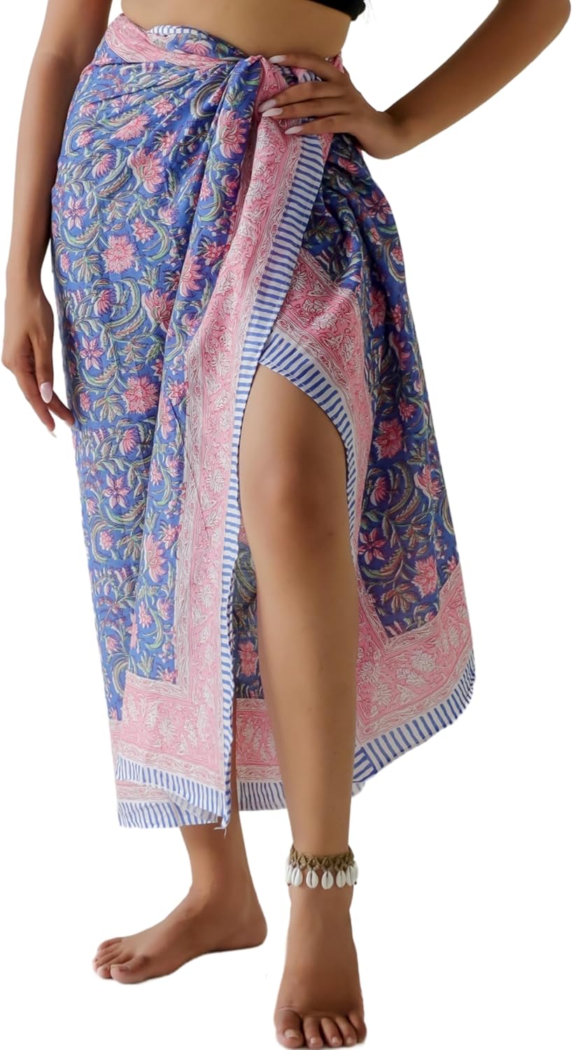 100% Cotton Sarong Coverup for Women Indian Hand Block Print Swimsuit Pareo Wrap Skirt Beach Bikini Cover Up Long (73" x 43")