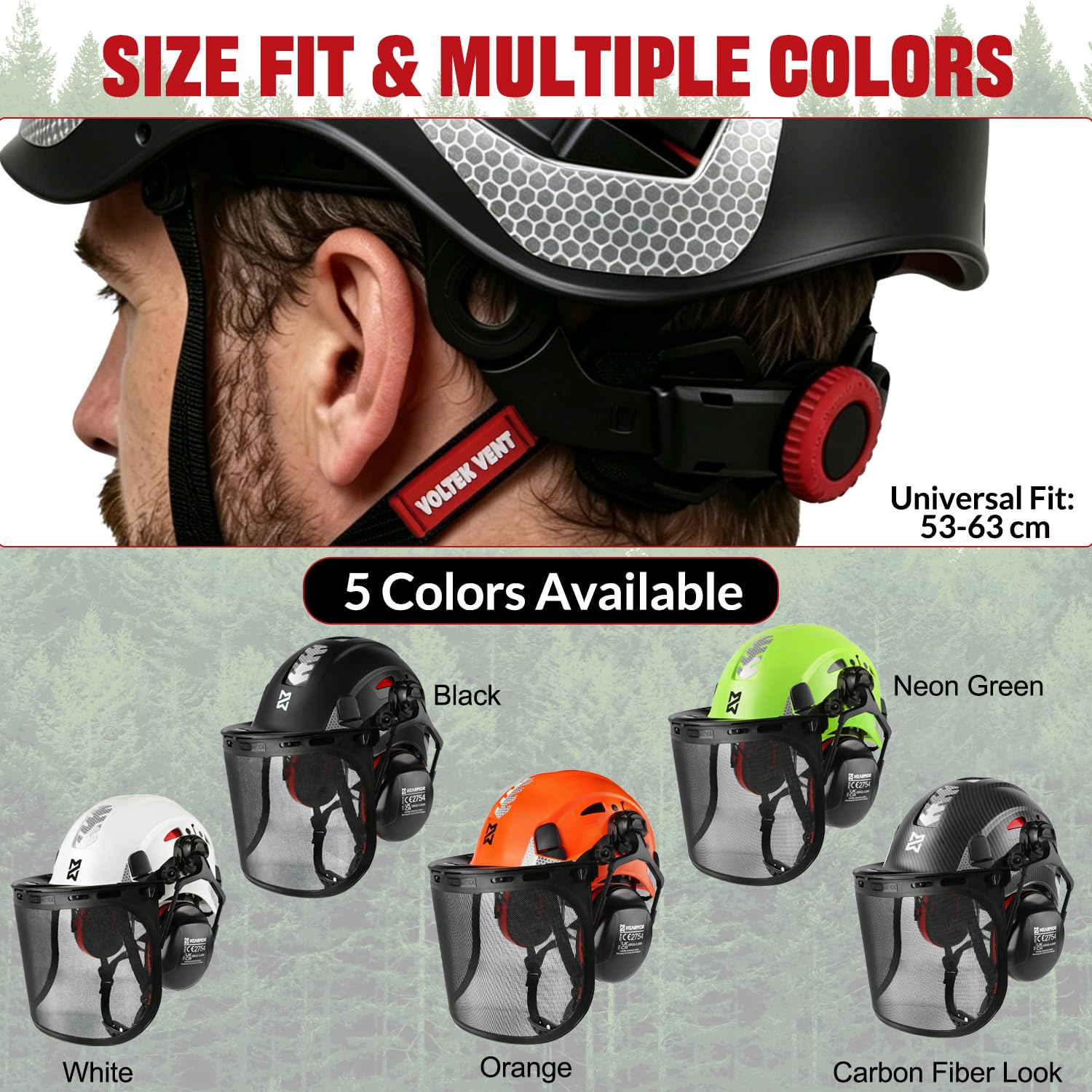 HEARMOR VOLTEK 5 en 1 - Casco de protección forestal con casco, orejeras, visera, gorro para el sudor y bolsa de transporte, antigolpes y ventilación cómoda, casco de ABS para trabajadores forestales