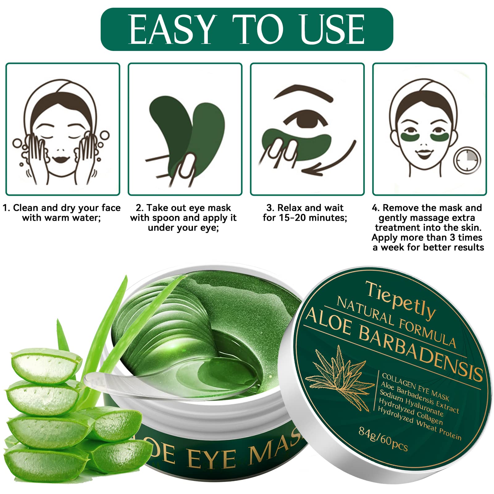 60 Pcs Collagene Patch Occhi, Aloe Vera Maschera Occhi, Anti Rughe, Rimuovi Borse e Puffiness, Idrata Anti-Età (Aloe)