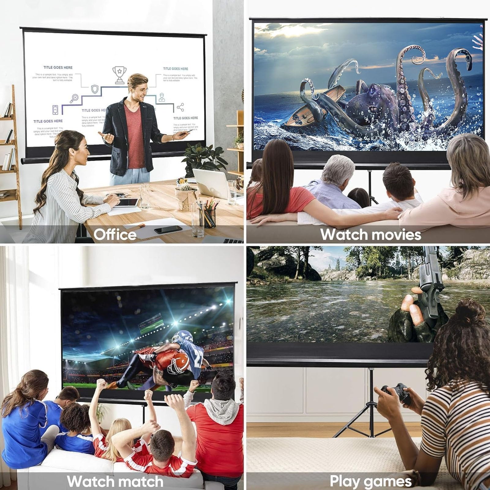 Schermo Proiettore con Treppiede, 4K HD Formato 16:9 Telo per Proiettore Leggera e Compatta, Grandangolo di 160 Gradi, per Casa, Home, Cinema, Esterno