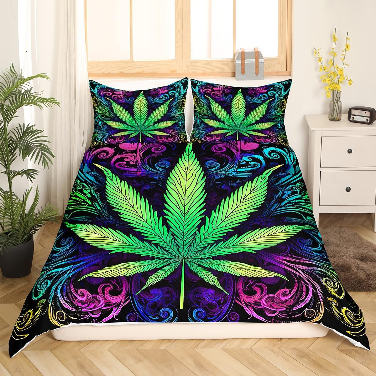 Marijuana Weed Leaf Duvet Cover Set Cannabis Comforter Covers Bedding Set with Pillow Shams Cannabis Vibrant Green Colorful Printed Bedding Duvet Cover Soft Quilt Cover Room Decor 3Pcs Queen Size