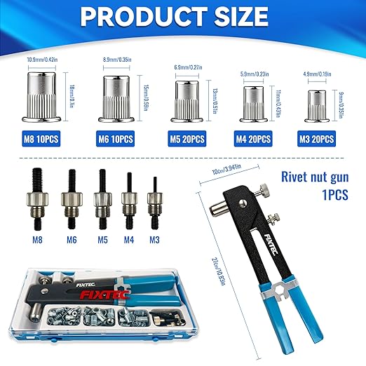 Kit de herramienta para tuercas de remache FIXTEC, 86 piezas con 5 mandriles métricos miniatura 2