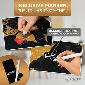 FENERO Weltkarte zum Rubbeln XXL [DIN A1] - aus exklusivem Kunststoff - Rubbel-Weltkarte Deutsch - Landkarte zum Rubbeln mit Marker, Plektrum & Täschchen - GOLD - Image 4