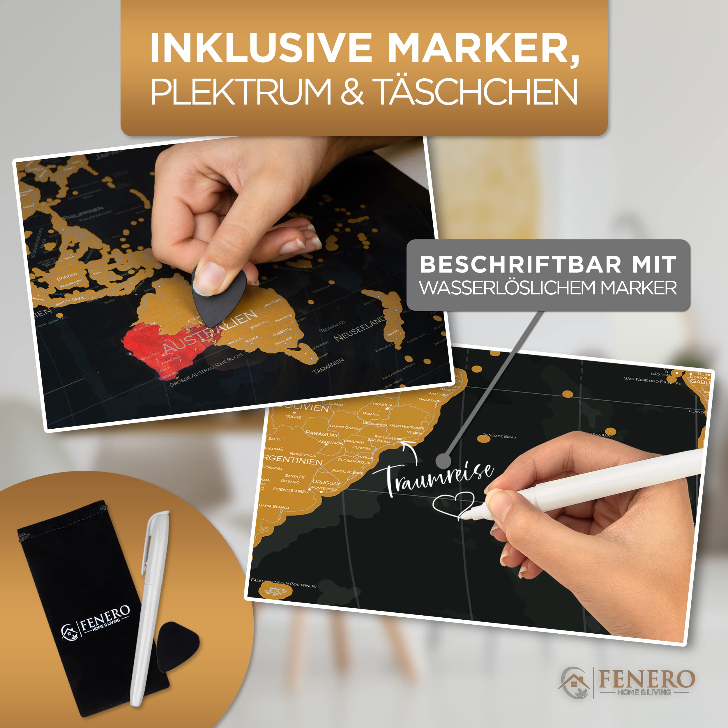 FENERO Weltkarte zum Rubbeln XXL [DIN A1] - aus exklusivem Kunststoff - Rubbel-Weltkarte Deutsch - Landkarte zum Rubbeln mit Marker, Plektrum & Täschchen - GOLD