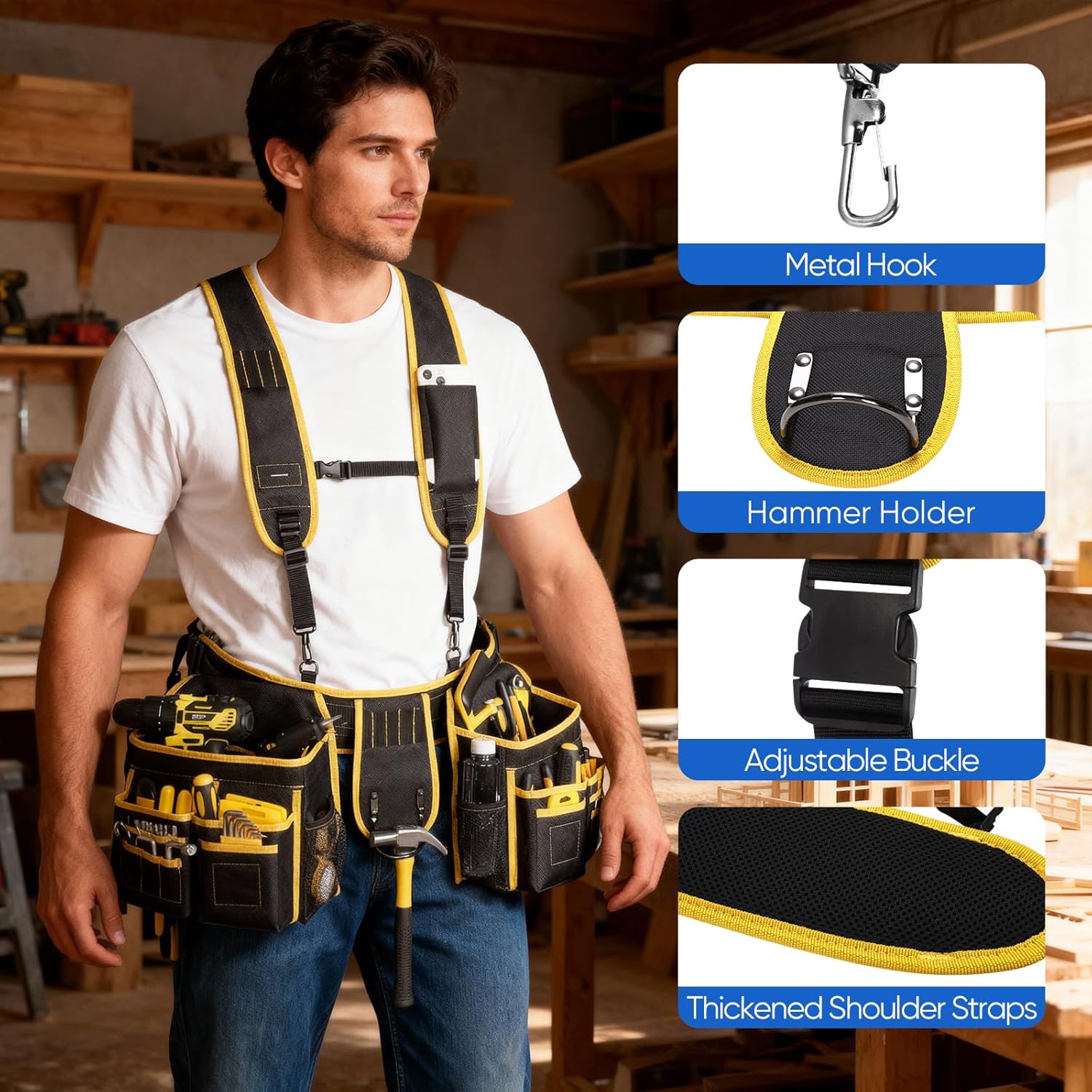 Tool Belt, Tool Belts for Men, Magnetic Tool Pouch with Suspenders, 28 Pockets Heavy Duty Tool Organizer for Carpenter Electrician, 32''-66'' Adjustable Waist