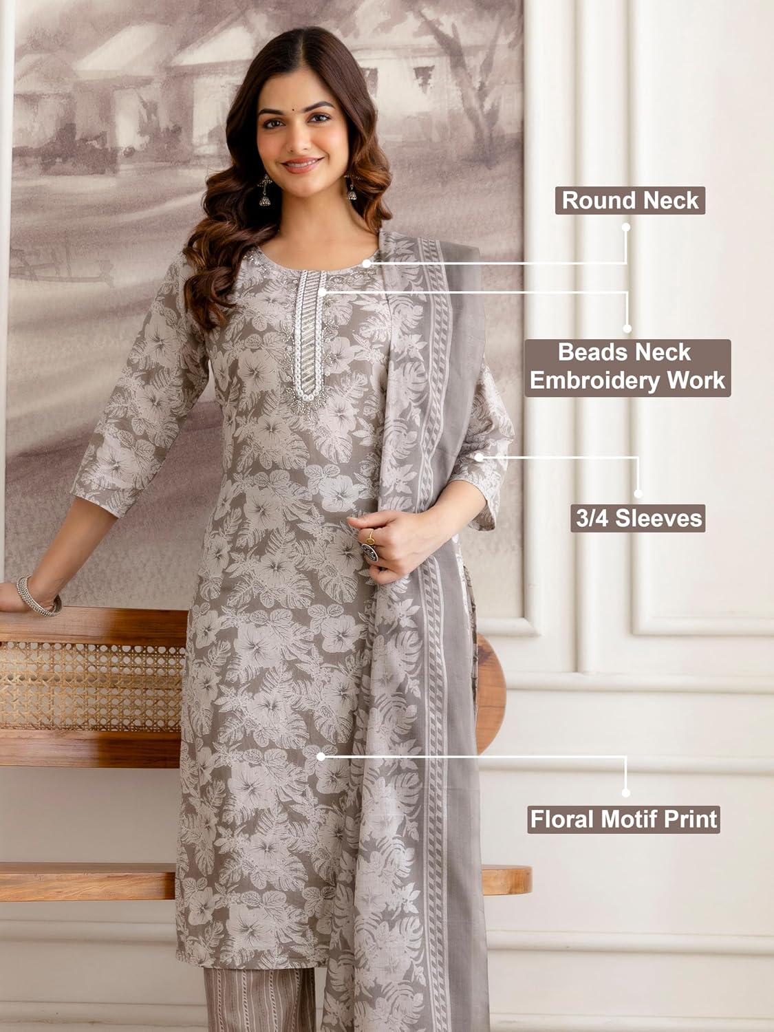 TRENDMALLS Women’s Pure Cotton Floral Print Kurta Pant with Dupatta Set | Beads Embroidery Neck Work Kurta Set Ethnic Wear
