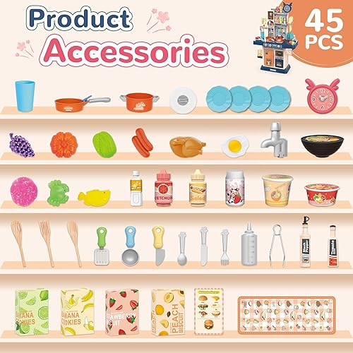 Vista 7 de cossy Cocina de juego para niños, cocina para niños pequeños con sonido y luz, estufa de cocina con vapor, juguete de comida y accesorios de cocina