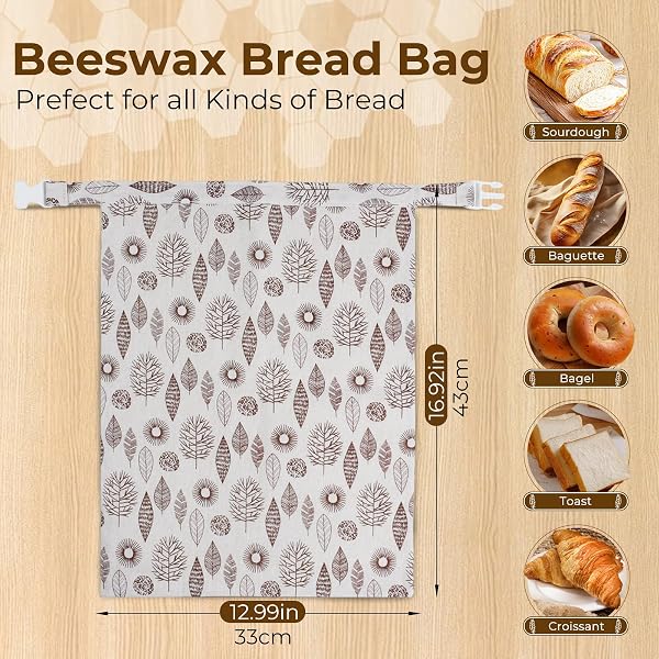 Sacchetti per il pane di cera d'api, 43×33 cm sacchetti di cotone rivestiti in cera d'api naturale, Borsa in cotone per conservare pane fatto in casa e prodotti da forno (confezione da 2) - 3