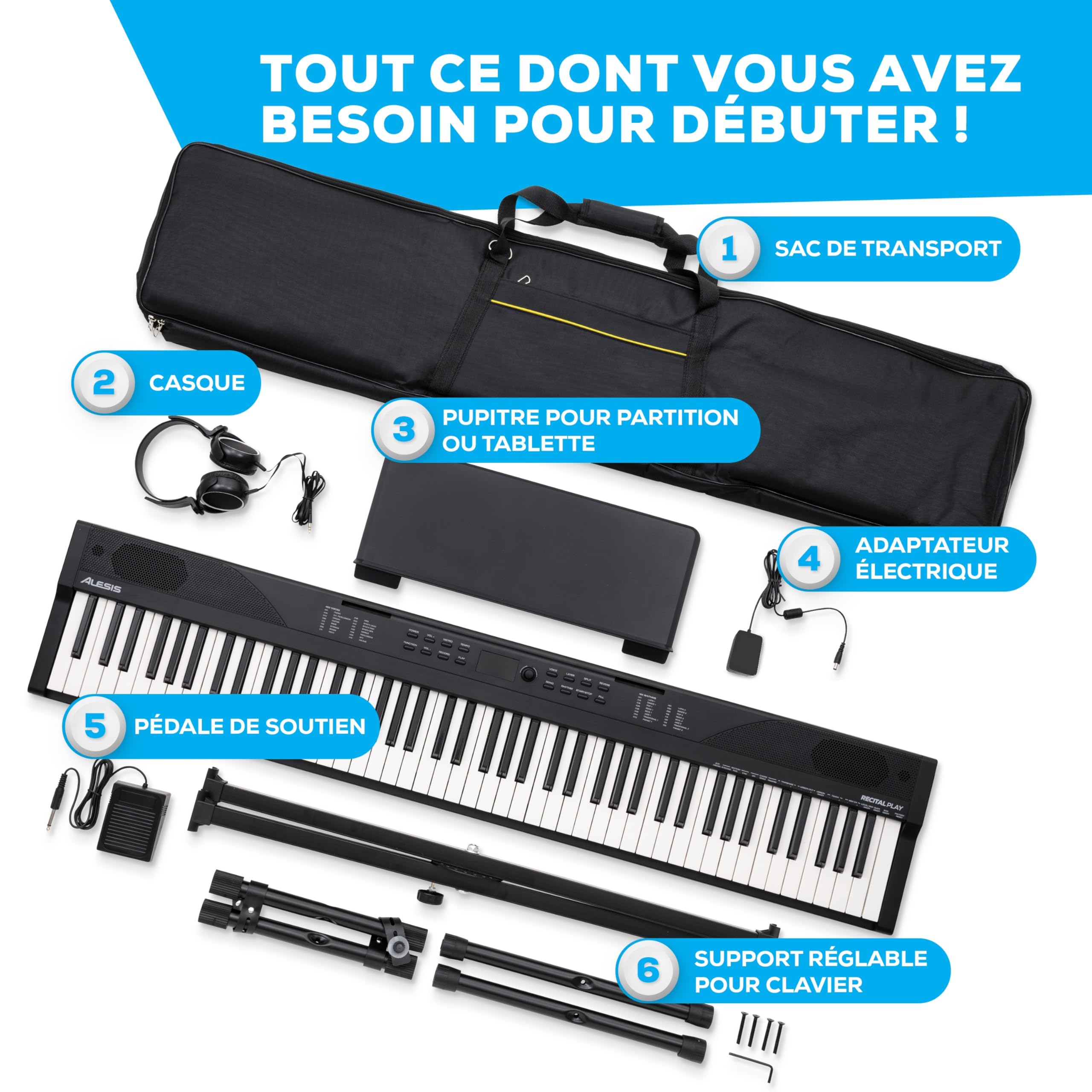 Alesis Piano Numérique 88 Touches avec 480 Sons, Haut-Parleurs, MIDI USB, Sac de Transport, Support, Casque, Pédale et Leçons pour Débutants