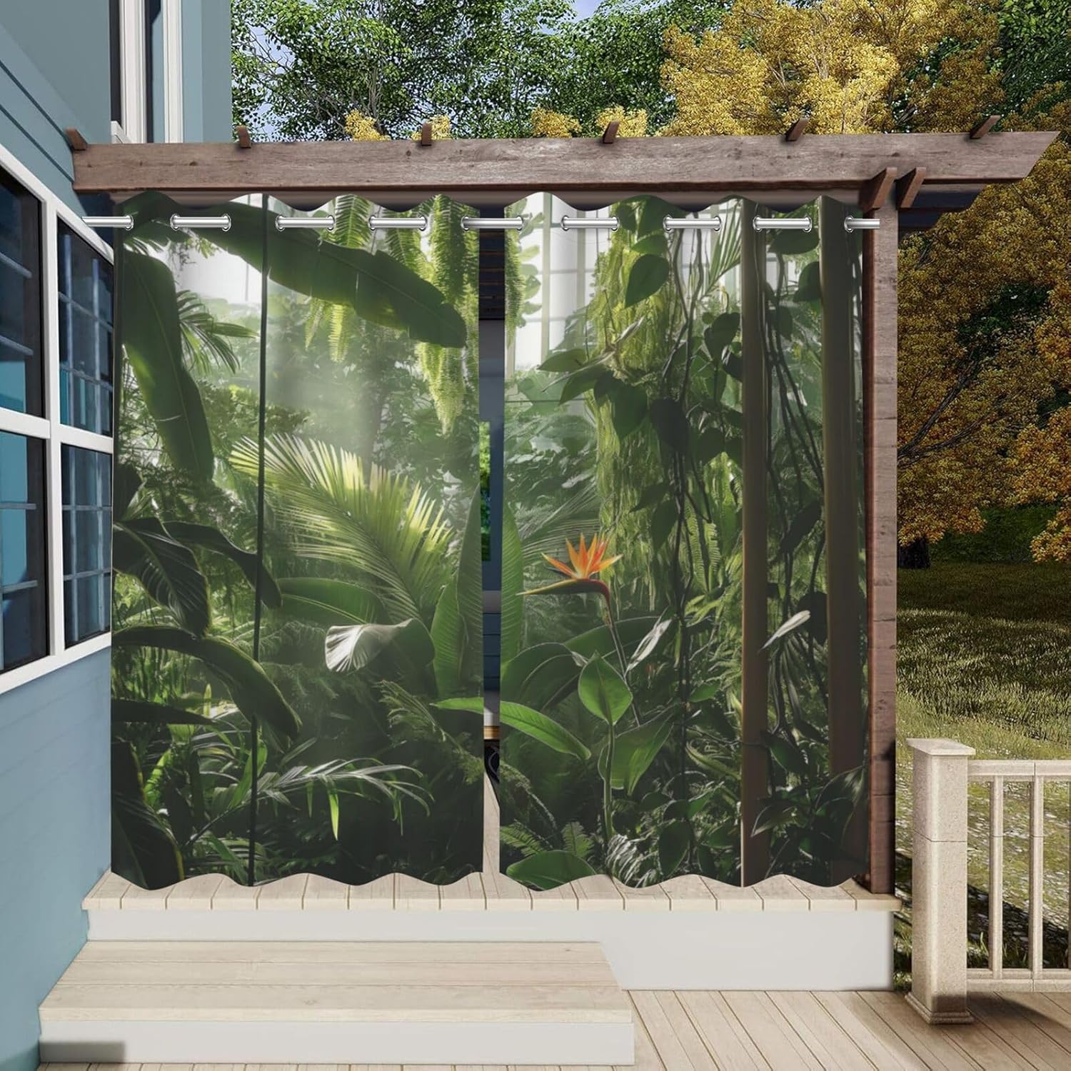 Tropical Rainforest theme Waterproof Outdoor Curtains for Patio,Bush Bird Of Paradise Plant pattern,Privacy Curtains for Porch Pergola Arbor Lanai Pool House Outside Deck,2 Panels,54 x 84 inch,Green