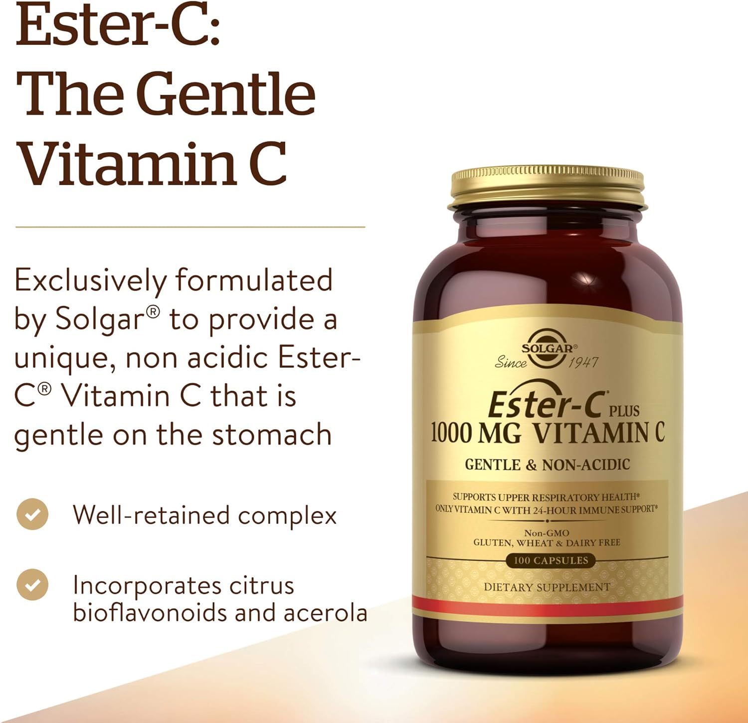Solgar Ester-C Plus 1000 mg Vitamin C with Citrus Bioflavonoids - 100 Capsules - Gentle & Non Acidic - 24-Hour Immune Support, Supports Upper Respiratory Health - Non-GMO, Gluten Free - 100 Servings