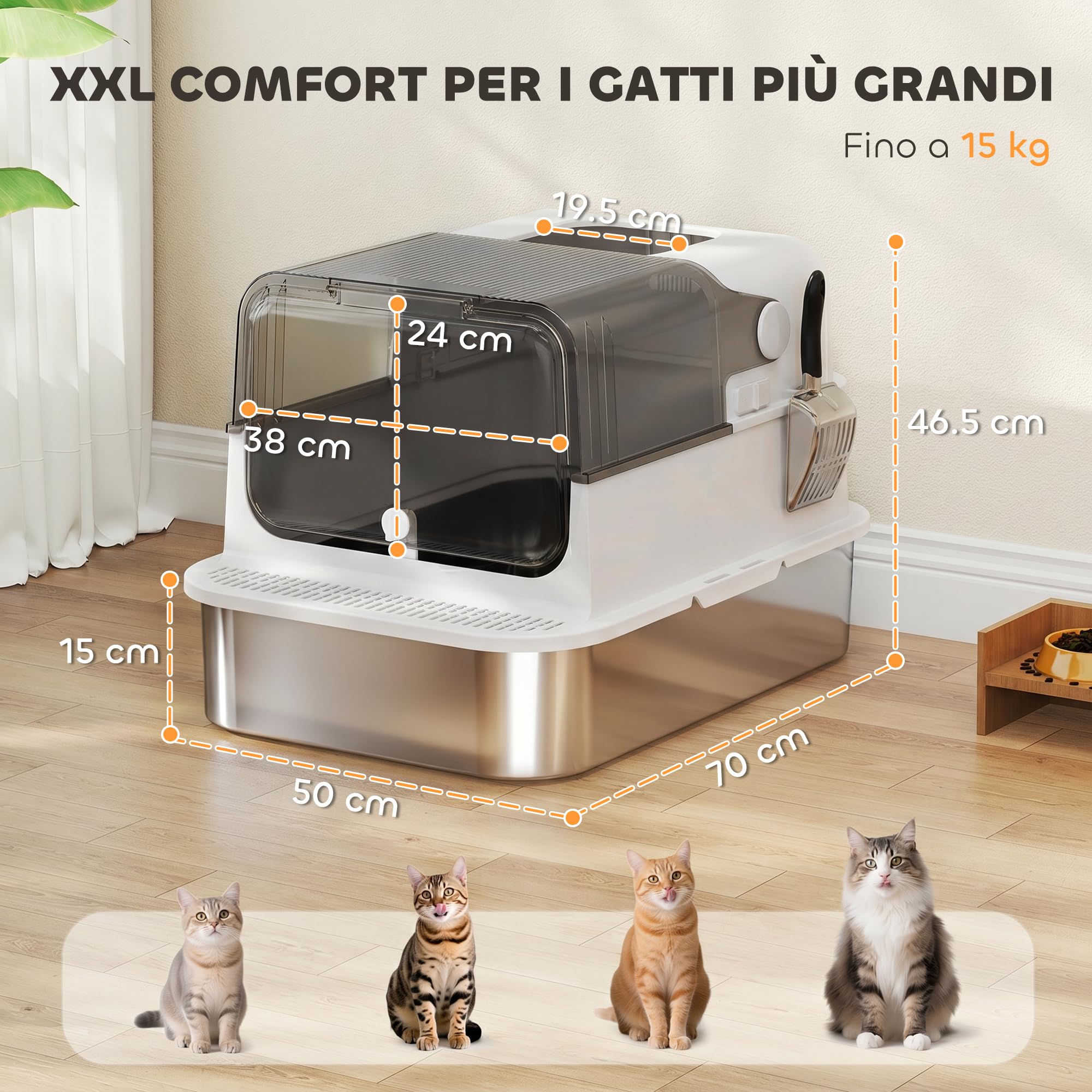 PawHut Lettiera per Gatti Chiusa XXL 20 kg Apribile 90° 70x50x46.5cm Bianco | Coperchio in Acciaio Inox, Doppie Porte, Paletta, Deodorante
