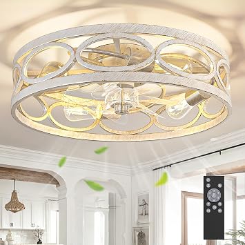 G-SAFAVA 20" Ceiling Fans with Lights and Remote, 6 Wind Speeds 3 Timing Quiet Flush Mount Low Profile Caged Ceiling Fan for Bedroom Living Room Kitchen, Farmhouse Small Reversible Ceiling Fan, White