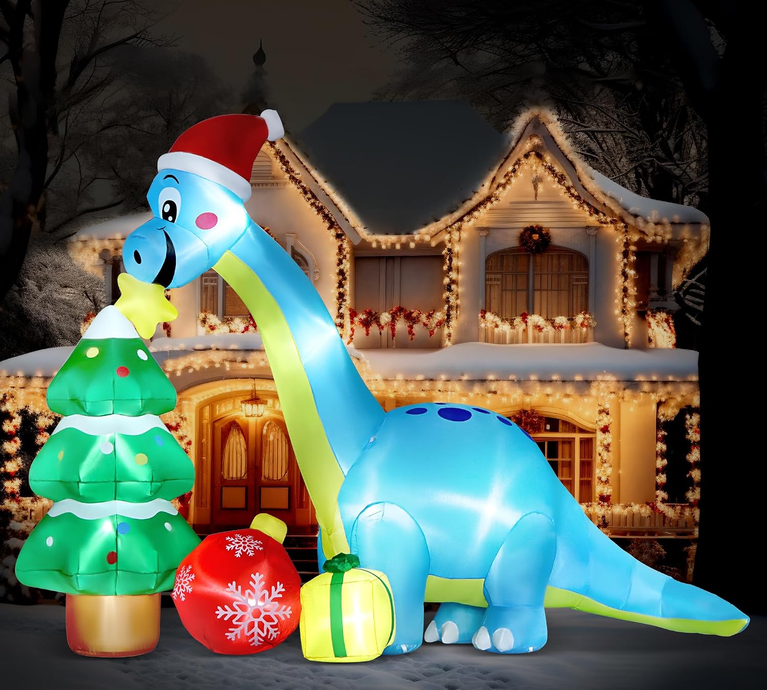 13.6 Ft Long Christmas Inflatable Decorations, Huge Xmas Inflatable Dragon Dinosaur with Trees Gift Hats Decors Built-in LED Lights Stakes Blow Up Yard Lawn Garden Party Santa Inflatables de Navidad