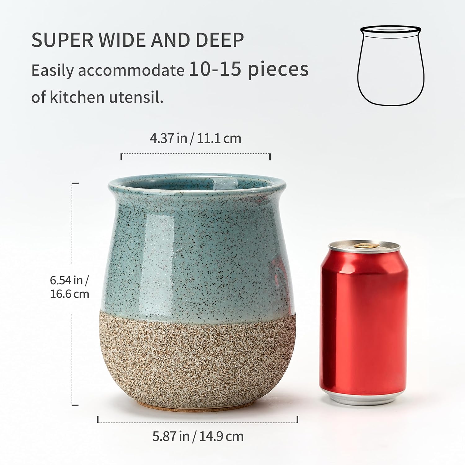 Utensil Holder for Kitchen Counter, Modern Farmhouse Cooking Utensil Holder and Crock Home Kitchen Decor, Ceramic Utensil Organizer for Spatula, Ladle, Eggbeater, Rolling Pin- Blue and Brown