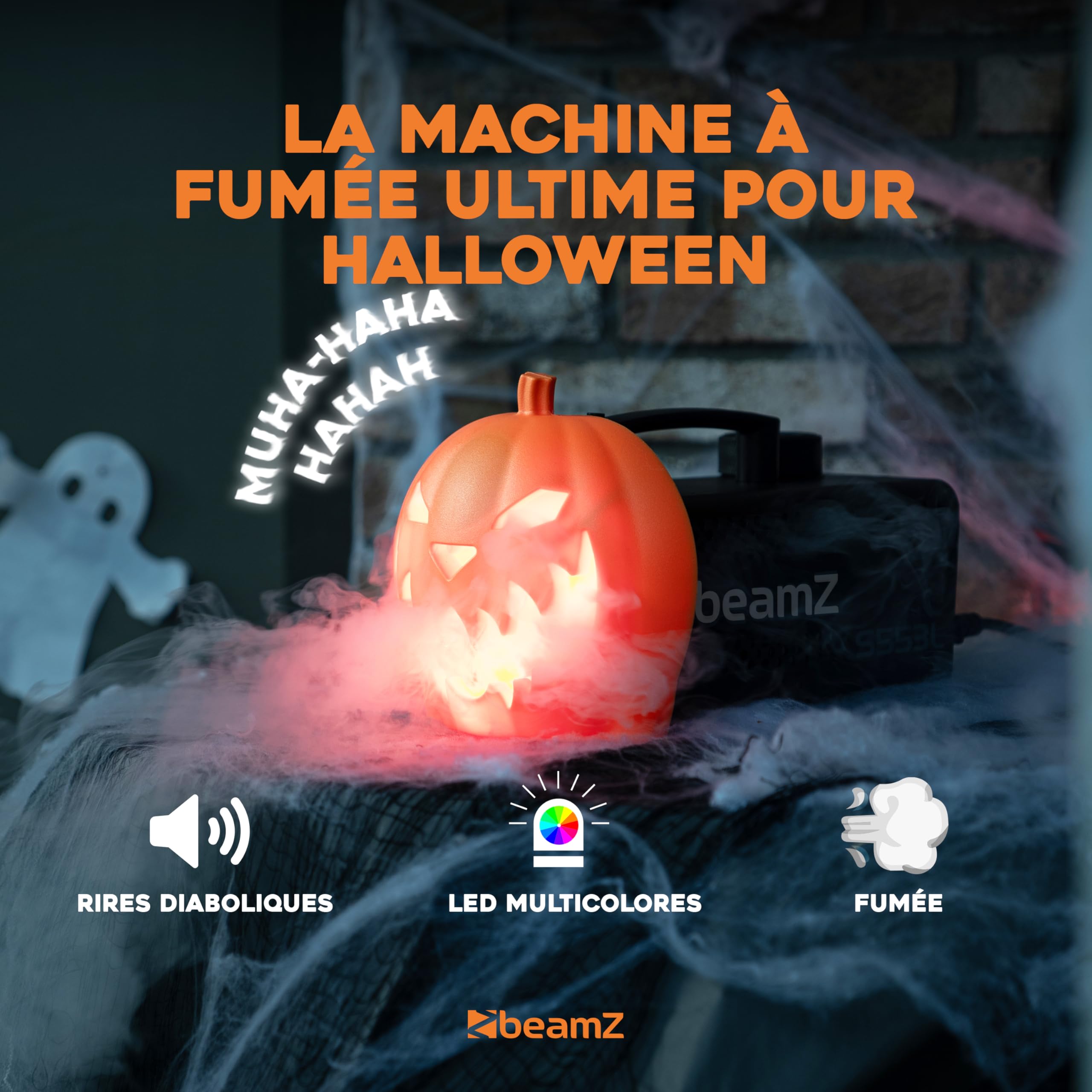Machine à Fumée Halloween avec Citrouille Animée, Rires Diaboliques et Effets Lumineux - Ambiance Effrayante Halloween pour une Soirée Unique, Exclusivité BeamZ 2024, Liquide Inclus