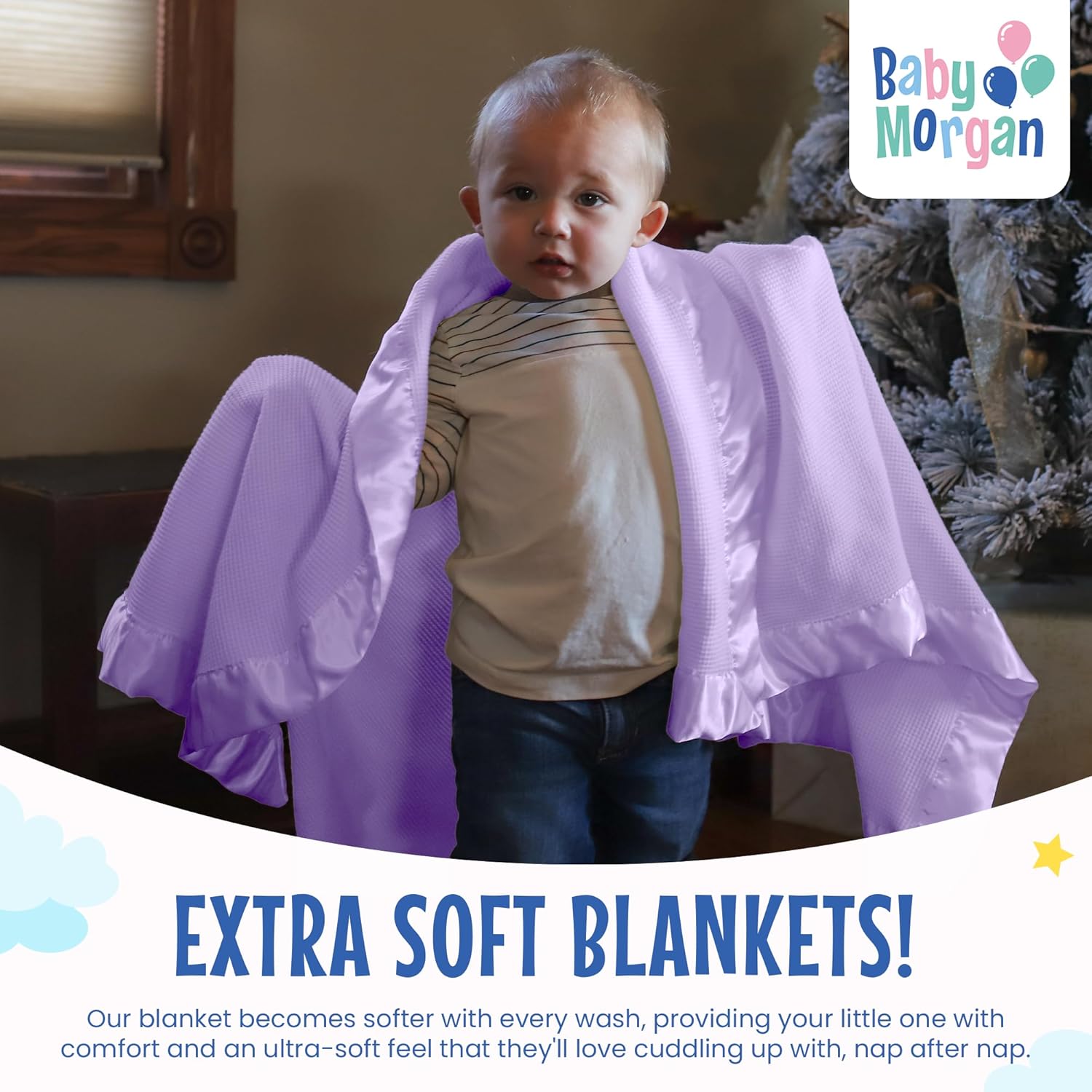 Waffle Crib Baby Blanket – Soft Thermal Satin-Trimmed Nursery Throw with Silky Texture, Cozy Waffle Design for Girls or Boys, Ideal for Gifting and Baby Showers (Lavender, 36x50 Inches)