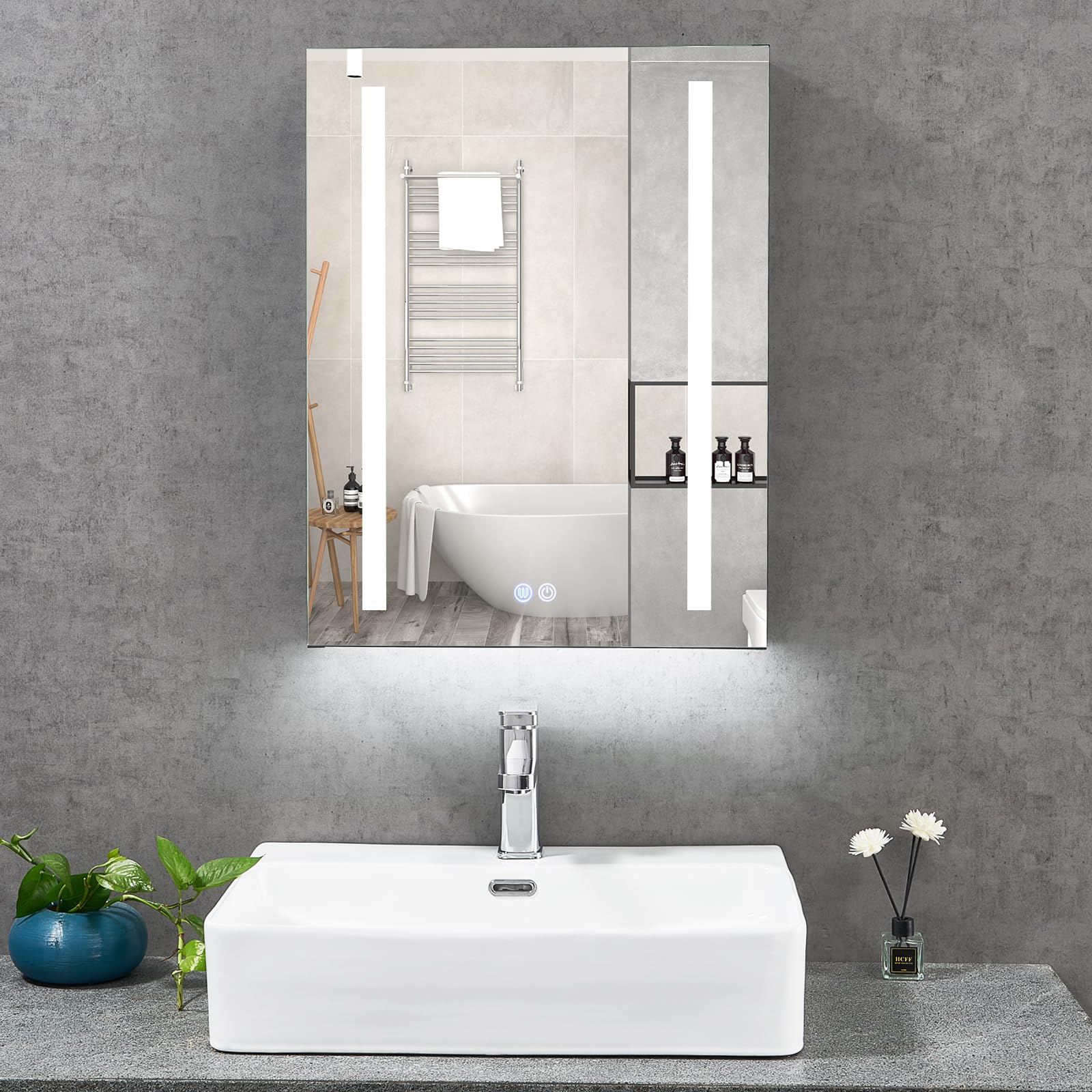 T&K LED Szafka łazienkowa z oświetleniem i odmgłową 50 x 65 cm, z dolnym oświetleniem otoczenia, gniazdo i gniazdo USB, szafka ścienna ze stopu aluminium do lustra łazienkowego