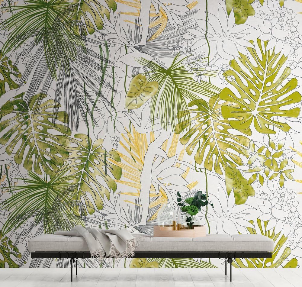 Livingwalls Tapeta z dżungli, zielona, biała, naturalna, fototapeta, liście 382321, nowoczesna tapeta na fizelinie 3,71 x 2,80 m, wyprodukowano w Niemczech