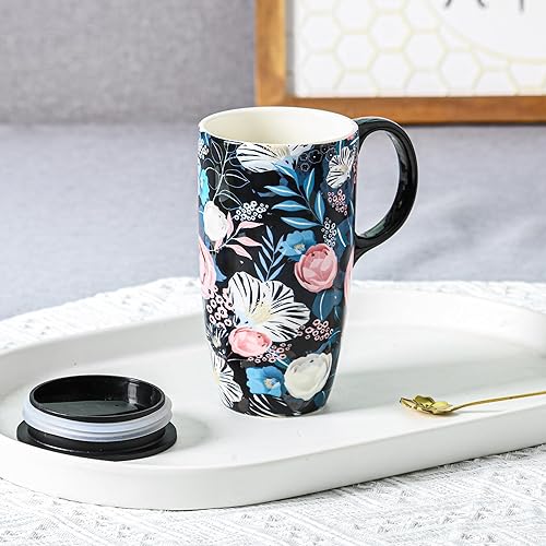 Miniatura 20 de Taza de café de viaje de cerámica con tapa para el hogar y la oficina, taza de té alta de porcelana de 17 onzas con mango de arte floral en caja