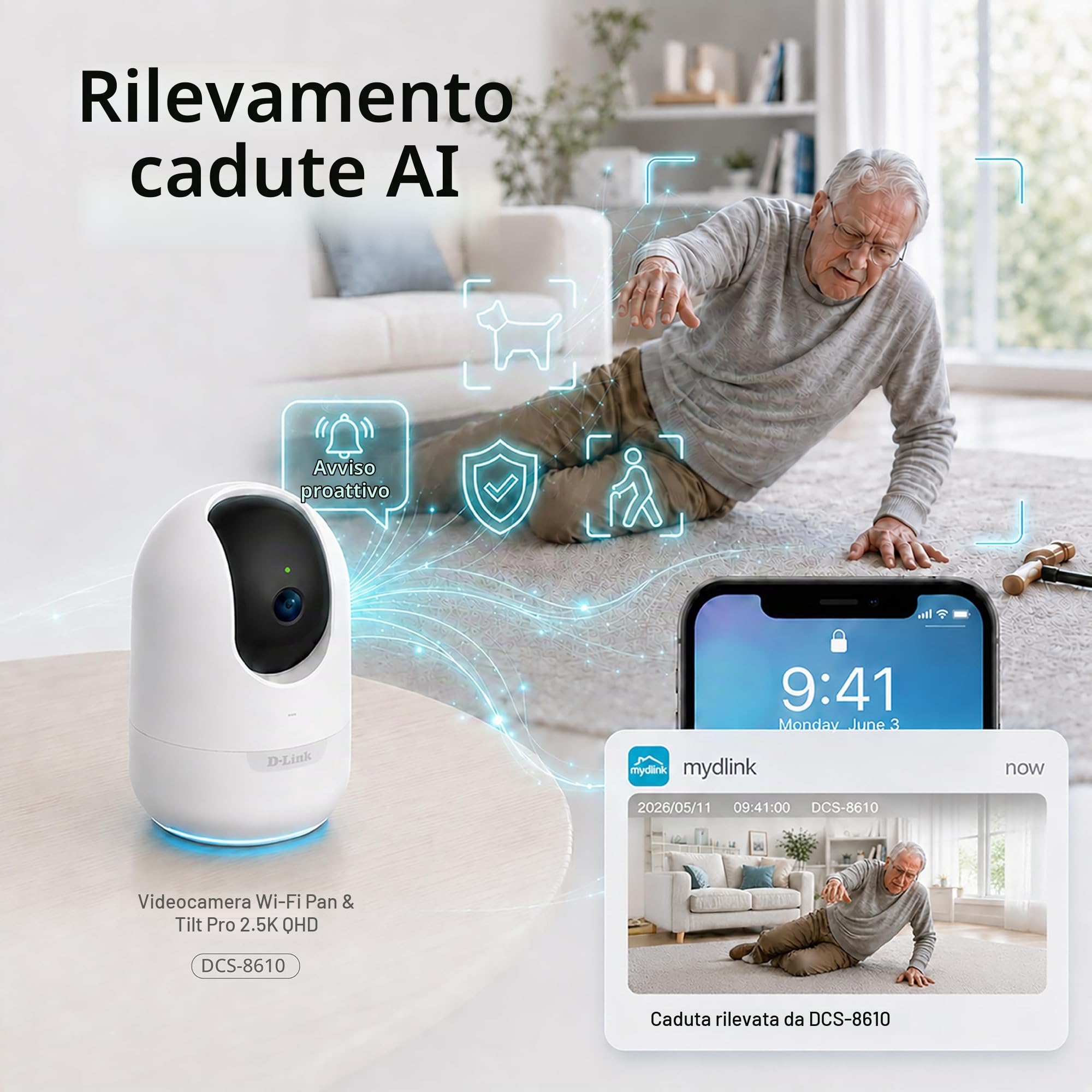 D-Link DCS-8610 Telecamera Wi-Fi Pan & Tilt 2.5K QHD, IA Persone e Cadute, Auto Tracking 360°, Visione Notturna, Audio 2 Vie, Dual Band, Ethernet, microSD, mydlink App