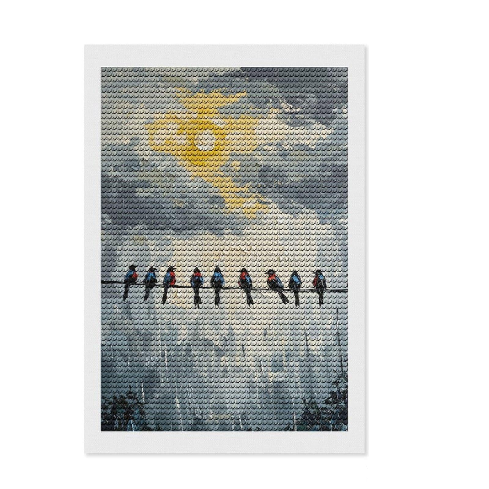 Junmoney Birds on A Wire Painting Diamond Art Canvas 8"x12", Decorate Your Room, Satisfying Creative Project, Full Kit Included, Aesthetic Room Decor