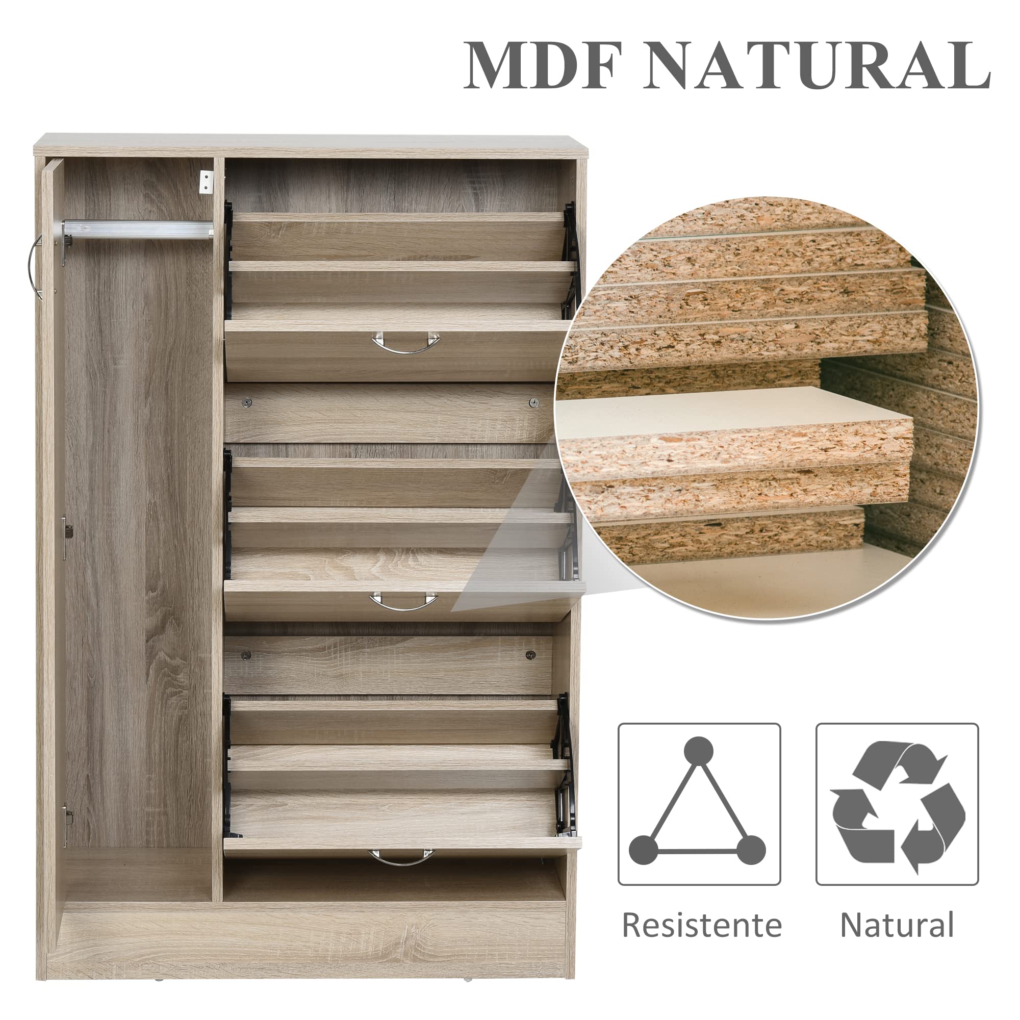 HOMCOM Zapatero Estrecho con 3 Puertas Abatibles Armario Alto 79x26x120 cm | Mueble Zapatero, Estante Ajustable, para de 6-12 Pares de Zapatos, Entrada, Recibidor