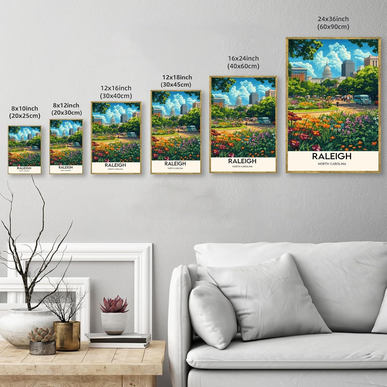 Gold Framed Wall Art Raleigh North Carolina Cityscape Canvas Print Modern City Travel Poster Trendy NC Skyline Wall Decor Landscape Painting Pictures for Living Room Bedroom Office 12x16inch