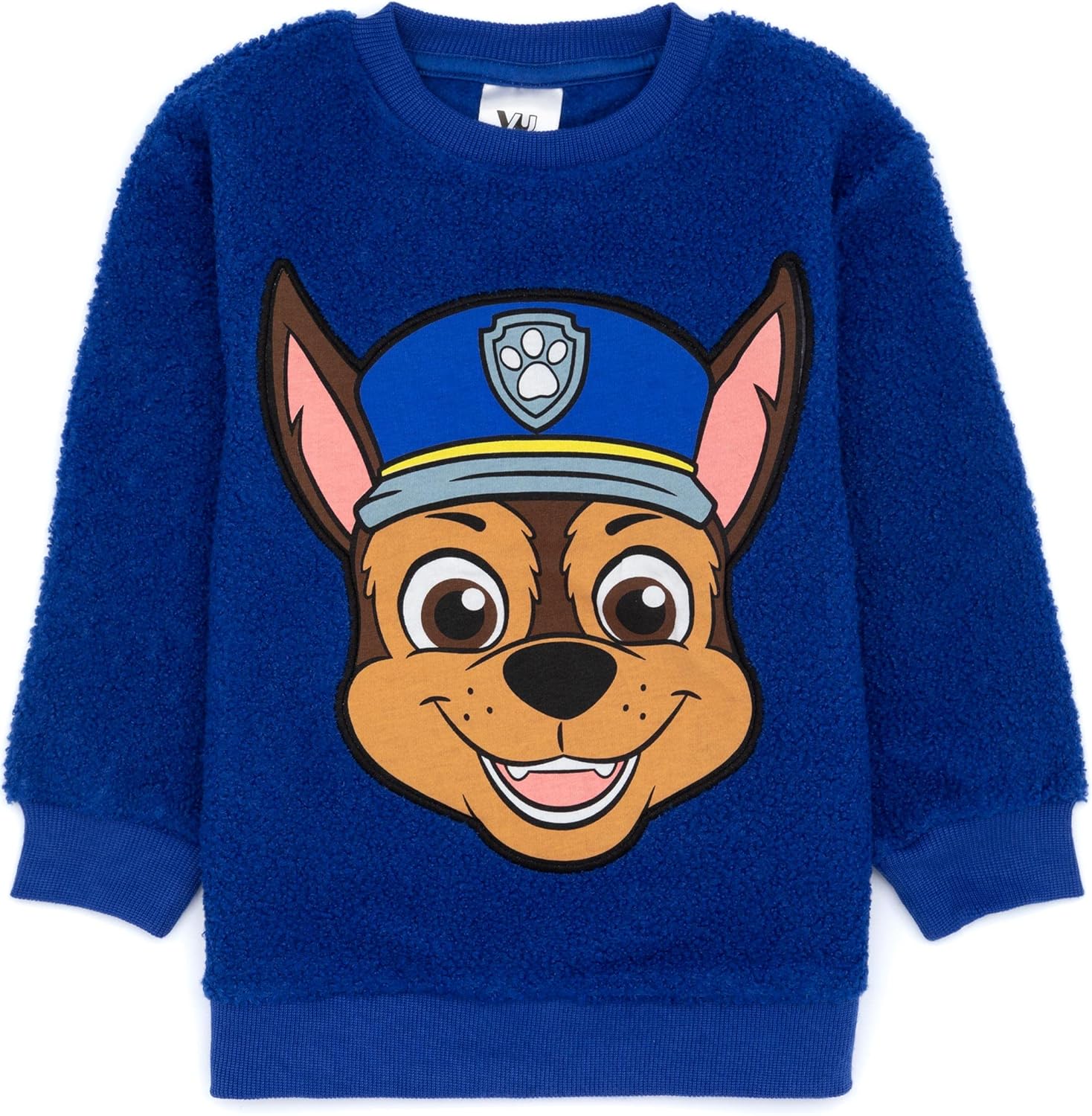 Close-up of the blue borg jumper featuring Chase's face.