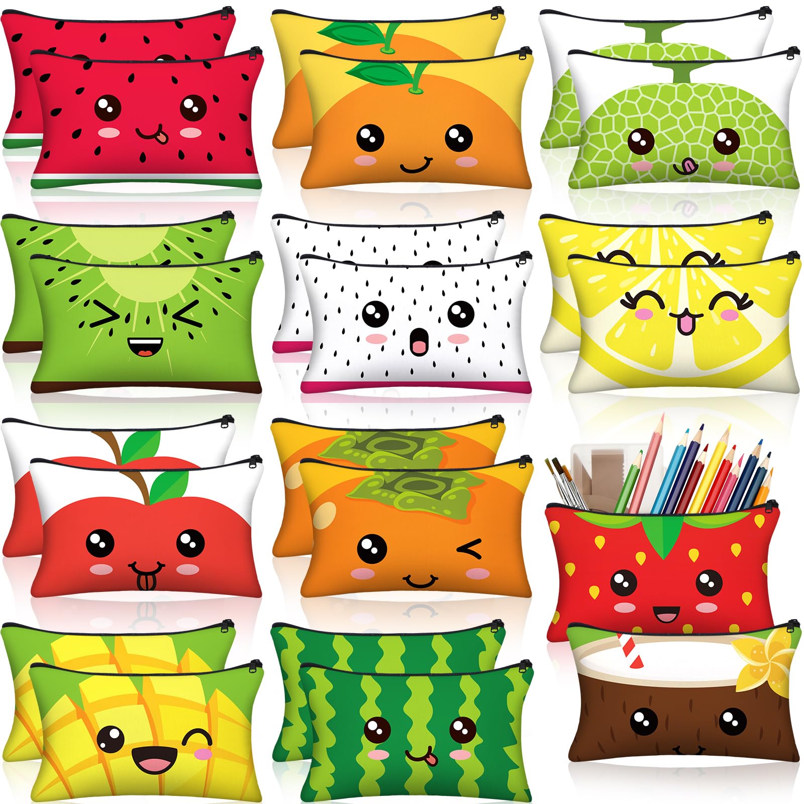 Hosuly 24 Pcs Bulk Fruit Zipper Pencil Case Pouch Sports Pen Bag Multicolored Strawberry Watermelon Orange Mango Canvas Pencil Pouch Organizer for Boy