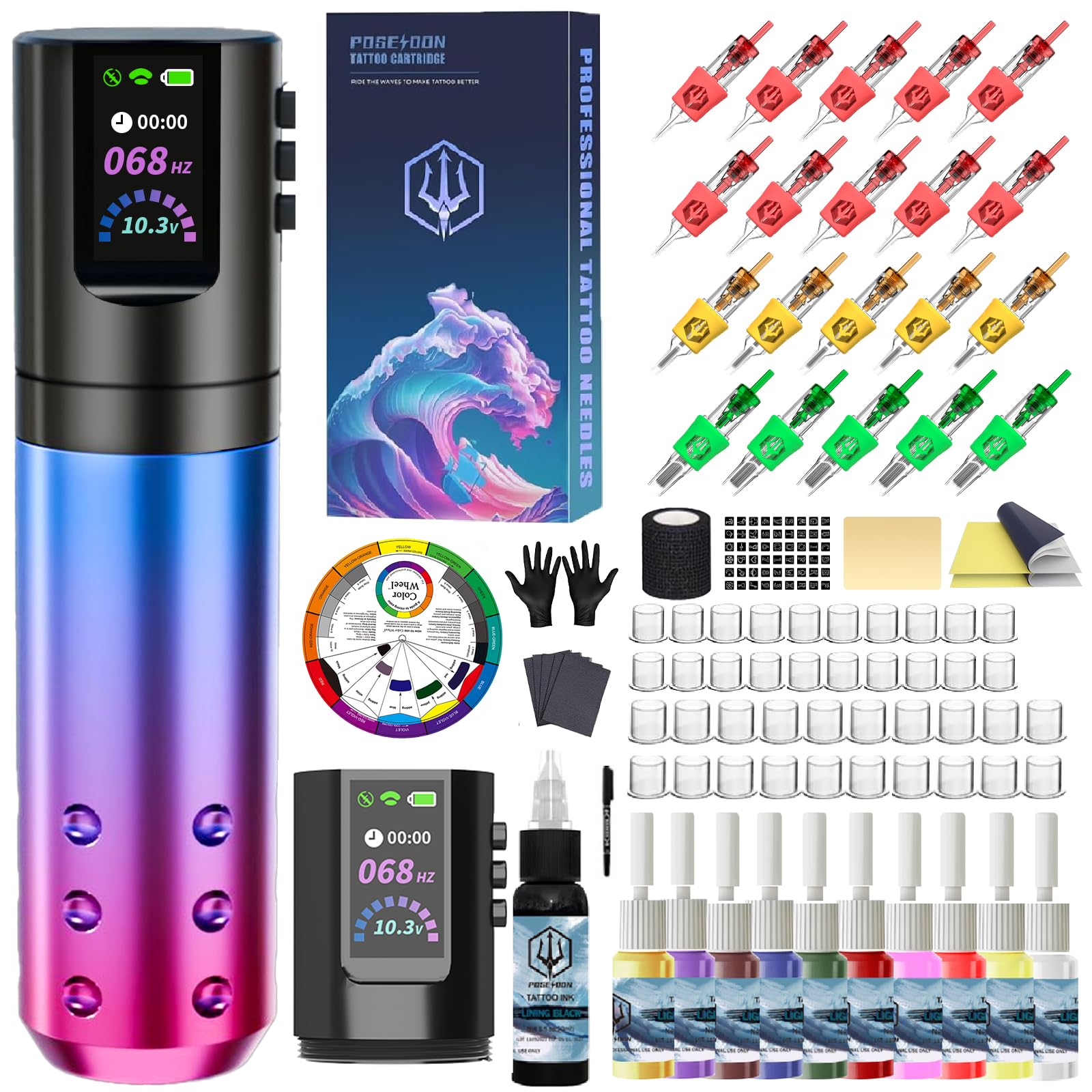 POSEIDON Tattoo Pen Kit, Kabelloses Tattoo-Machine-Set mit 2 Akkus & 20 Tattoo-Kartuschennadeln, LED-Display, Komplettes Tattoo-Zubehör für Anfänger