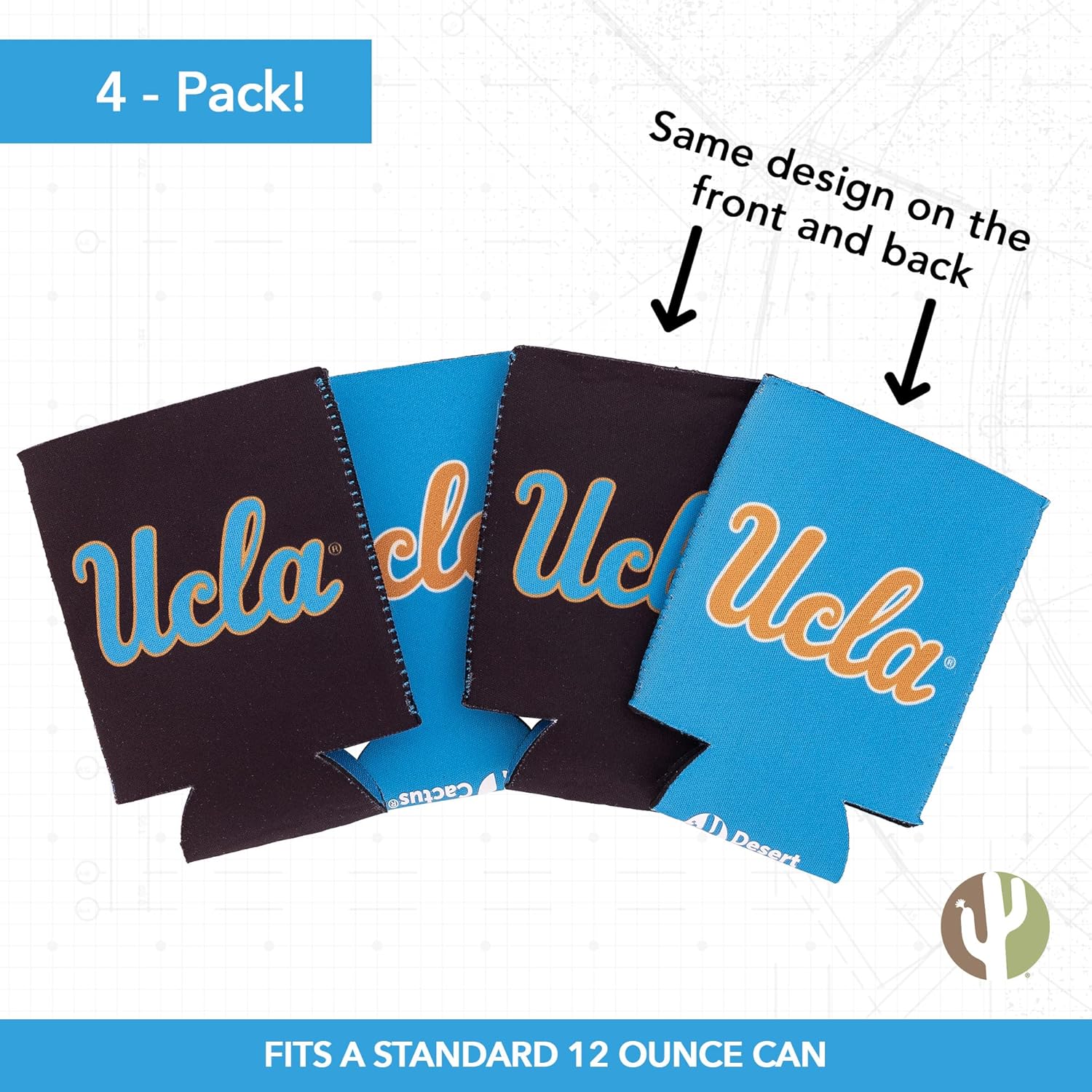 Desert Cactus University of California Los Angeles Can Insulator UCLA Beverage Cooler 4 Pack Foam Beverage Holder Bruins (4 Pack Can)
