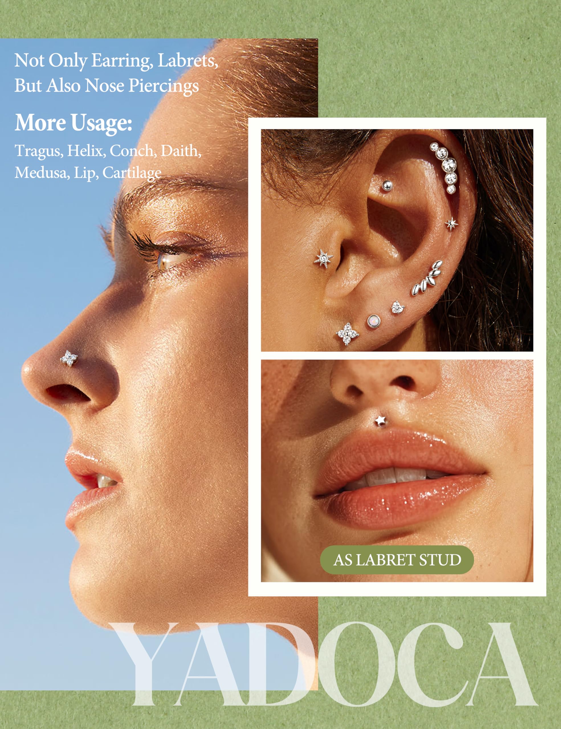YADOCA 16G/18G tragus piercing biżuteria złoto srebro stal chirurgiczna wewnętrznie gwintowane płaskie kolczyki z tyłu cyrkonia warga bar kolczyk do nosa chrząstka labret muszla helix piercing