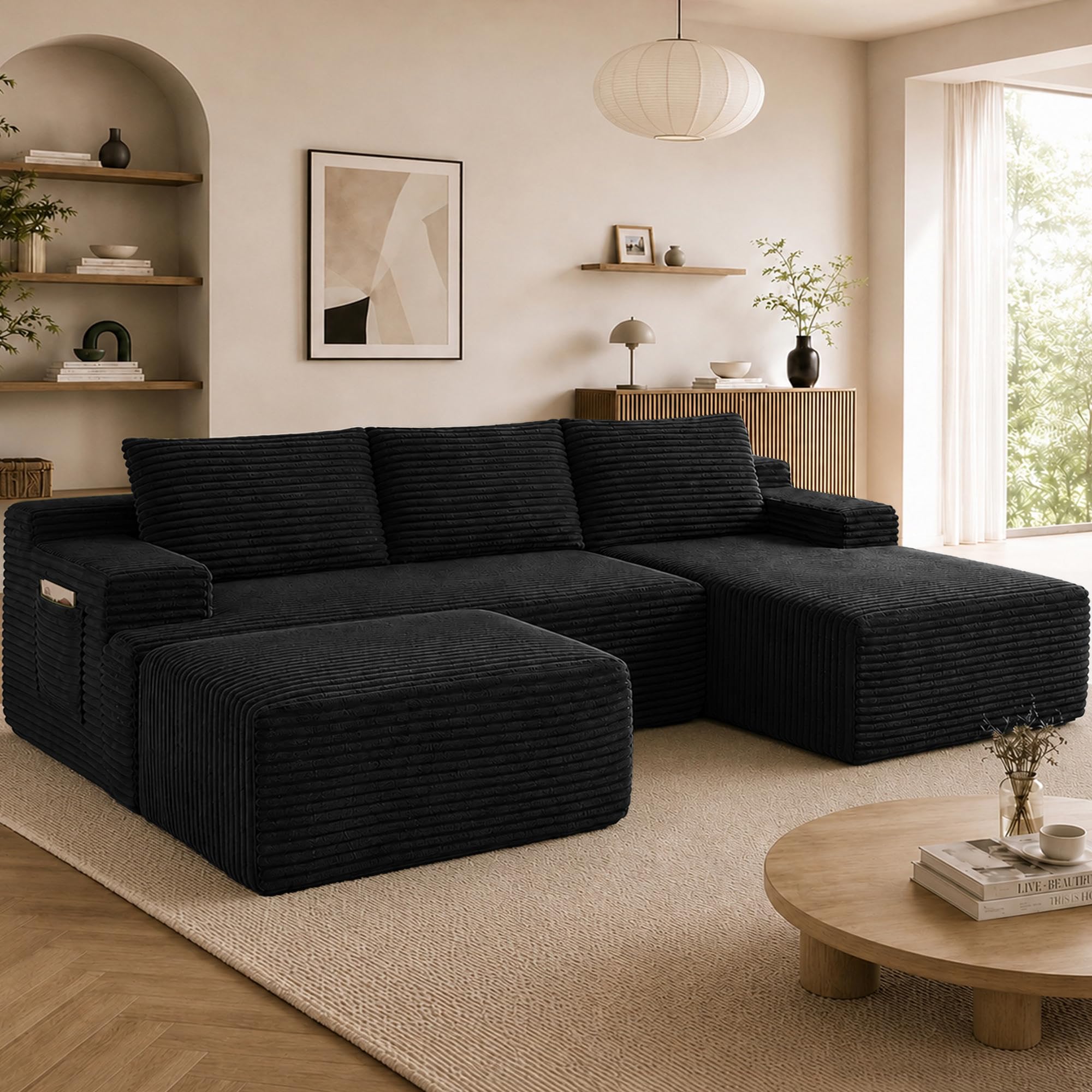 Boneless Couch, Modular Sectional Couches for Living Room, U-Shaped Cloud Couch Sofa with Deep Seat, Fluffy Corduroy Upholstered Corner Sofa