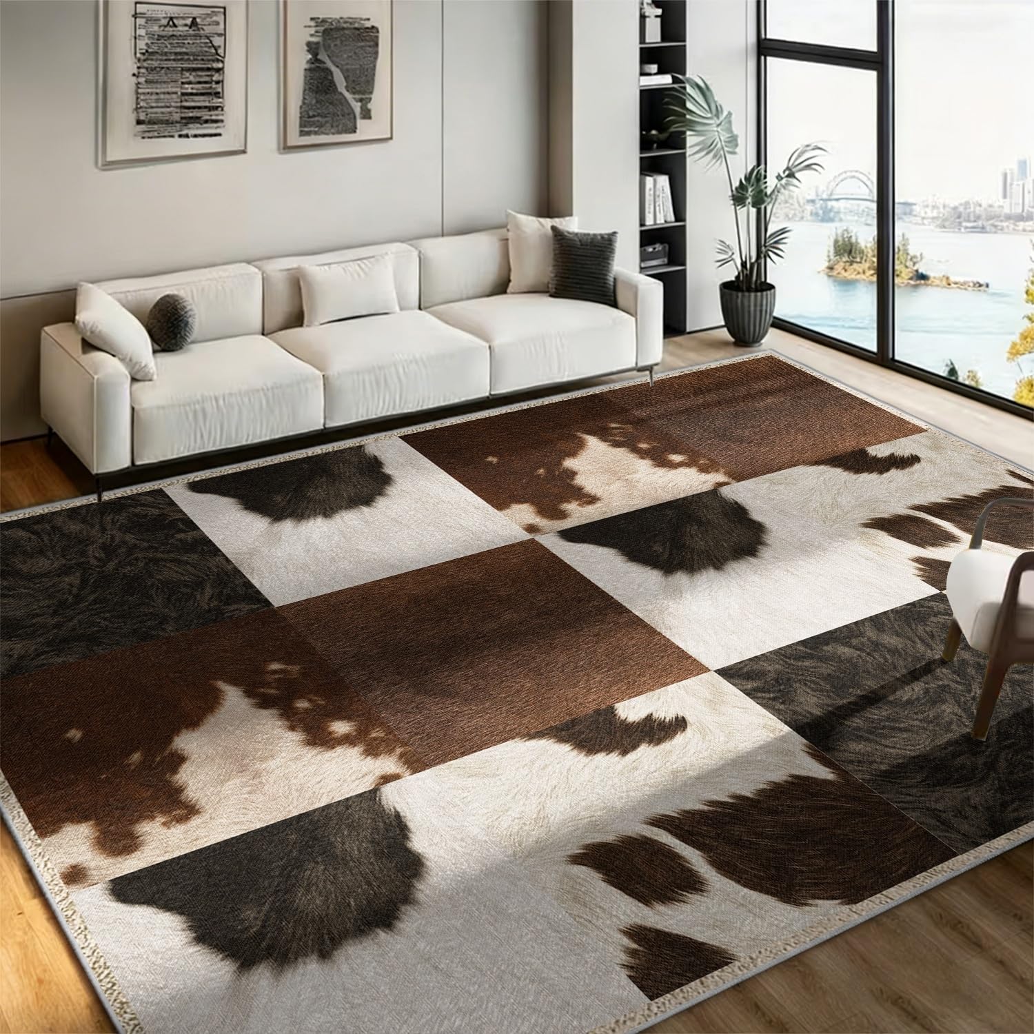 Faux Cowhide Rug for Bedroom, 180x260cm ,Country Brown Cow Print Rugs , Black and White Patchwork Cow Hide Rug , Farmhouse Animal Print Faux Fur Western Rugs,for Office Living Room Home Decor Carpet
