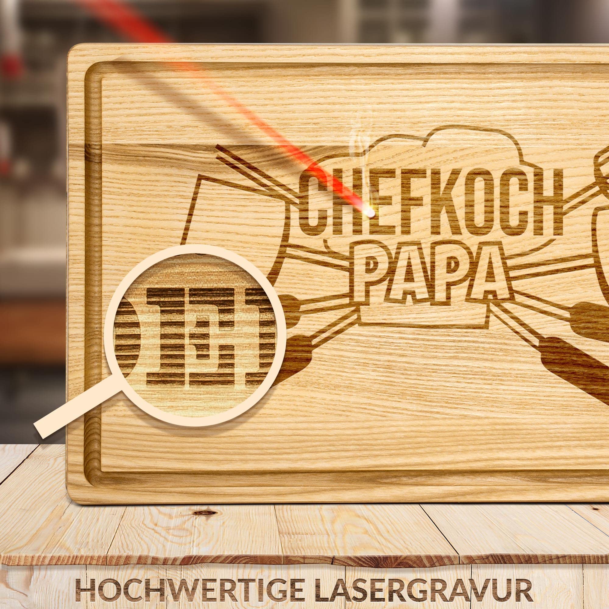 Großes Holzbrett mit Gravur - Chefkoch Papa - Schneidebrett gravieren| Eschenholz, 40 x 25 x 2 cm, Geschenk mit Gravur, Geschenk für Papa