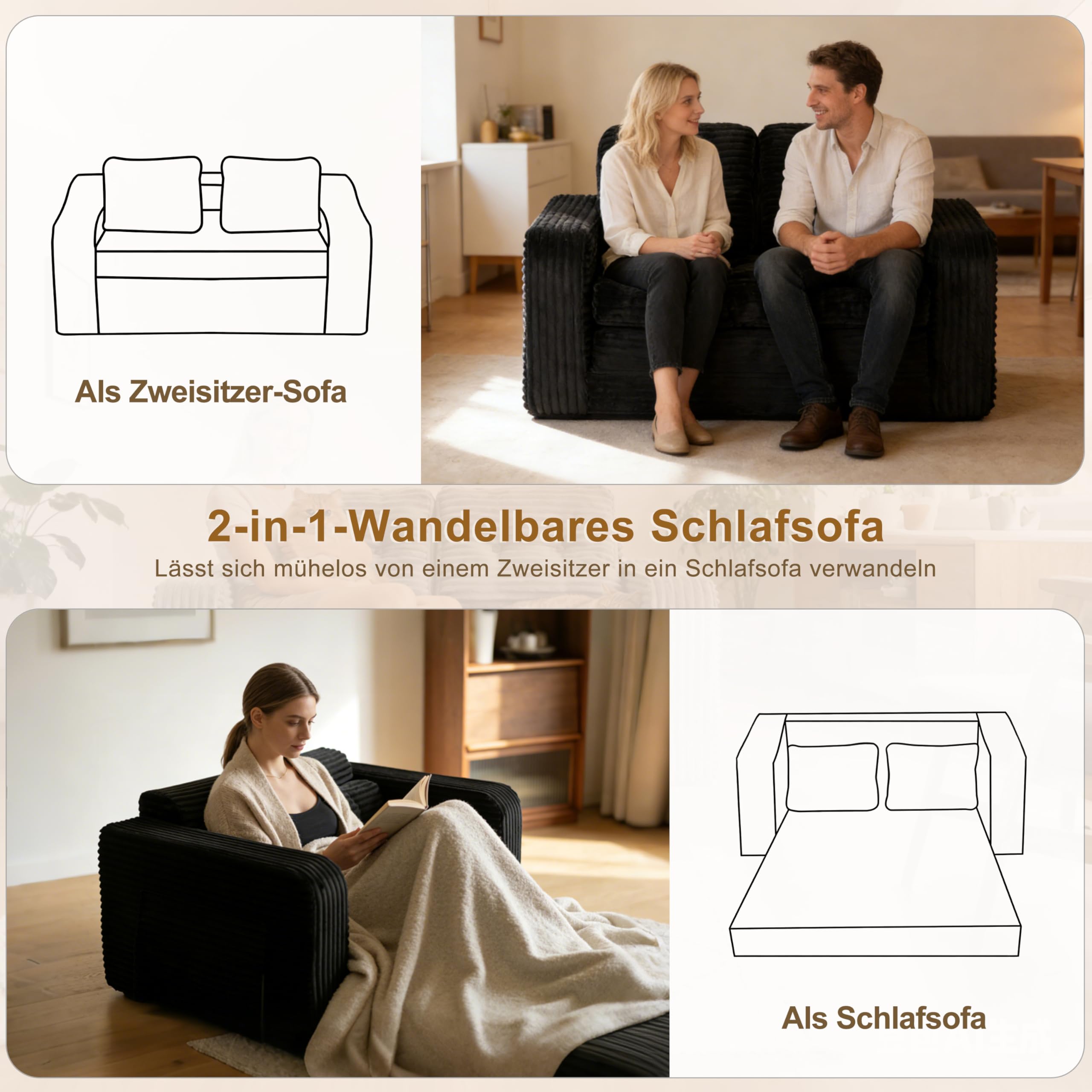 Faltbares Schlafsofa, Tragbarer Stuhl-Bett-Komfortable Bodensofa, Umwandelbarer Schlafsessel mit Kissen, Cord-Stoffbezug Sessel Schlafcouch, für Wohnzimmer und Schlafzimmer (2 Sitzer Sofa, Schwarz )