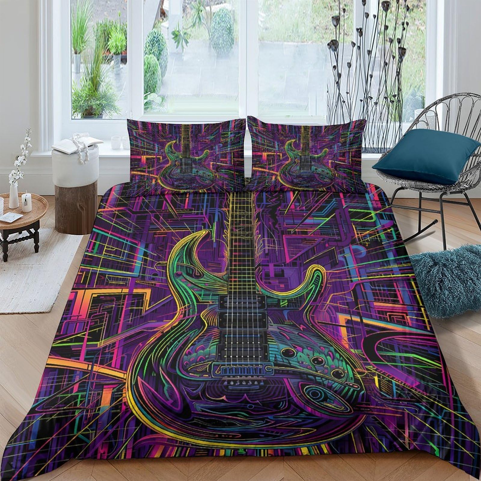GPLZQXKJNH 3D Printed Electric Guitar Duvet Cover Microfiber Vibrant Colorful Neon Music Bedding Set with 2 Pillowcases for Bedroom Home Single（135x200cm）
