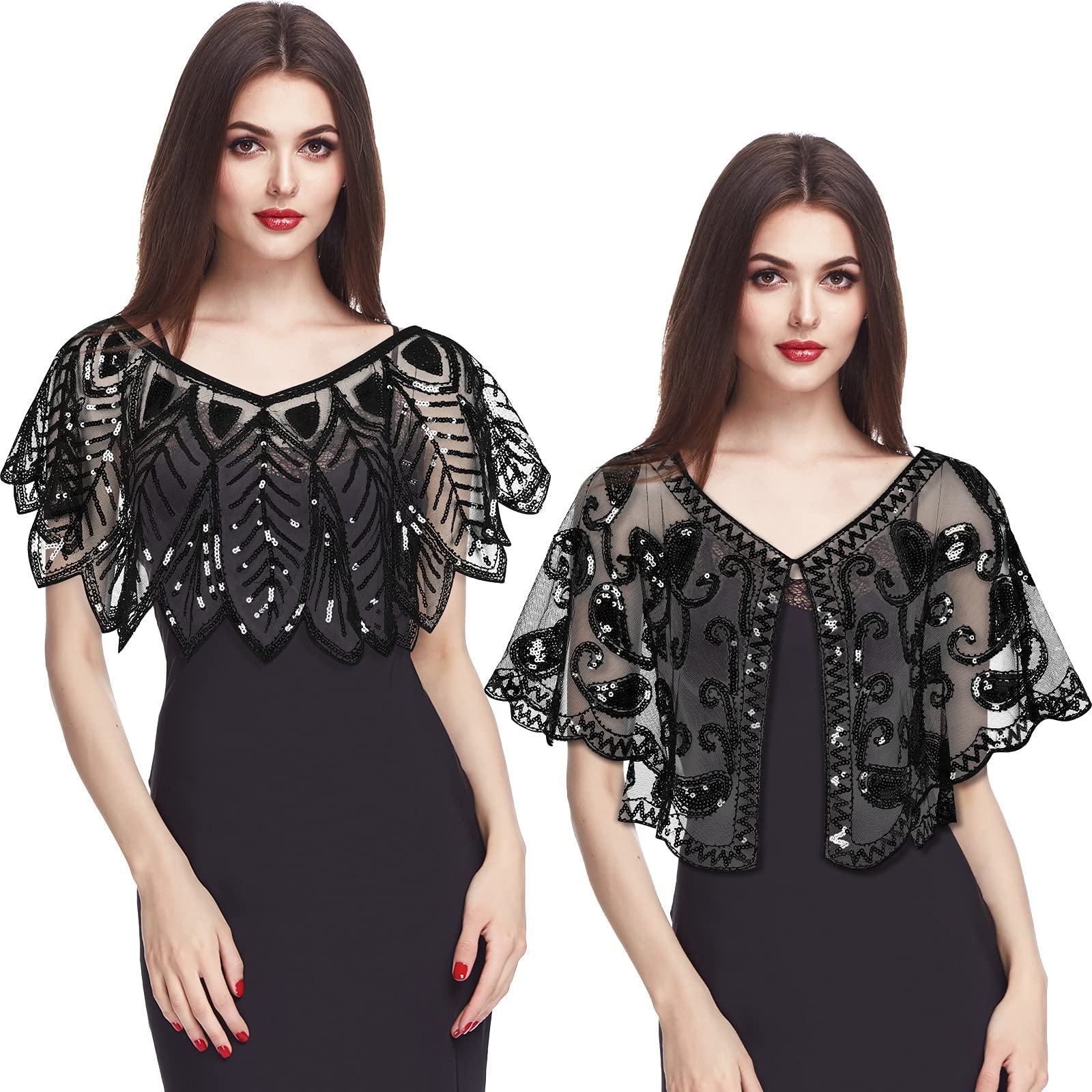 Women's 1920s Sequin Shawls, Sequin Beaded Evening Cape Bolero Flapper Cover Up Top for Evening Dresses Party 2Pcs