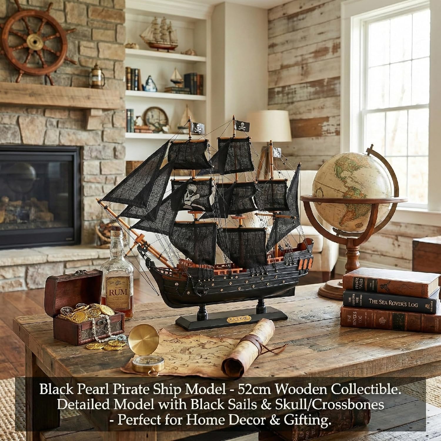 The Black Pearl Wooden Pirate Ship Model 20" Prebuilt Caribbean Nautical Sailboat Decor