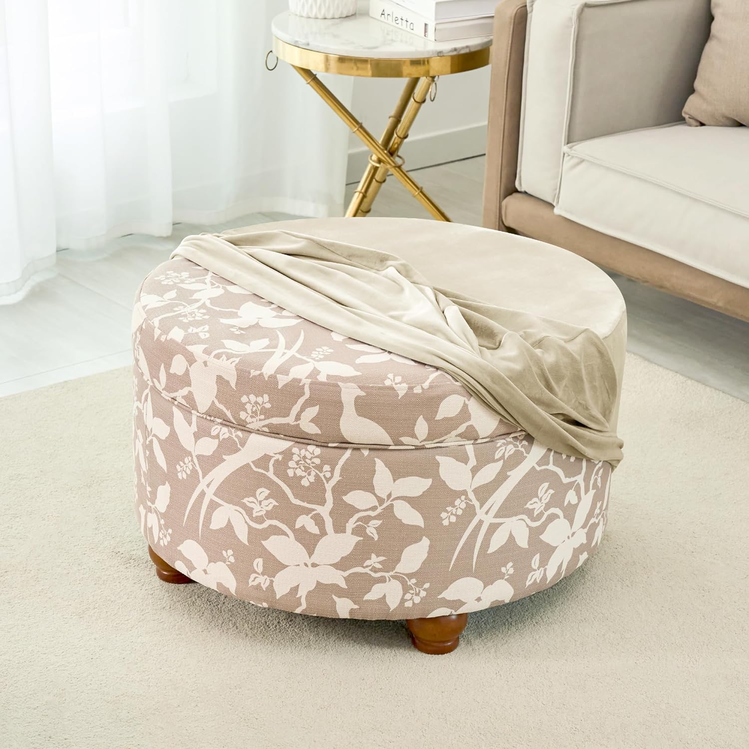 HFCNMY Round Ottoman Cover - Thick Velvet Slipcover with Elastic Bottom - Beige Large